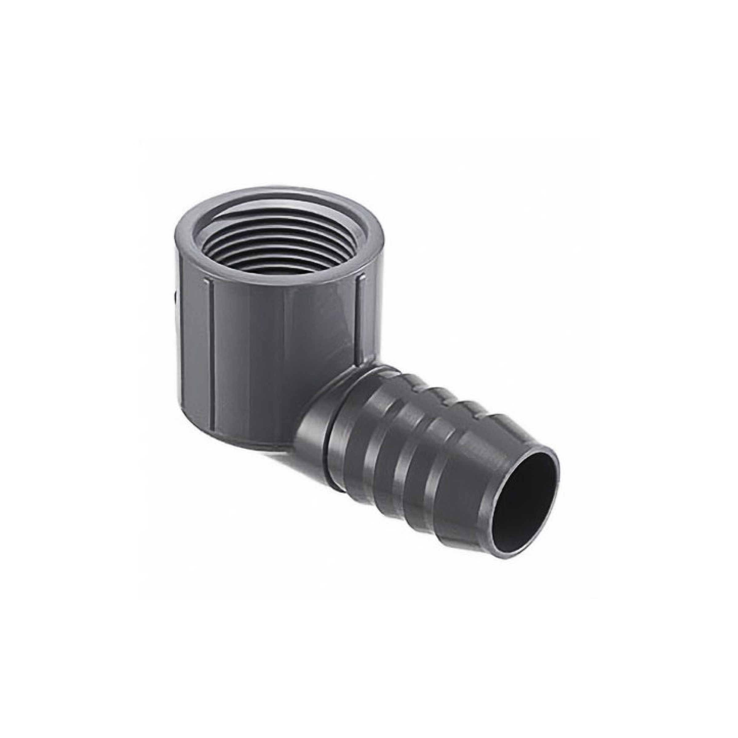 Riser elbow plumbing fitting with female threads and 2 in barbed end, dark gray