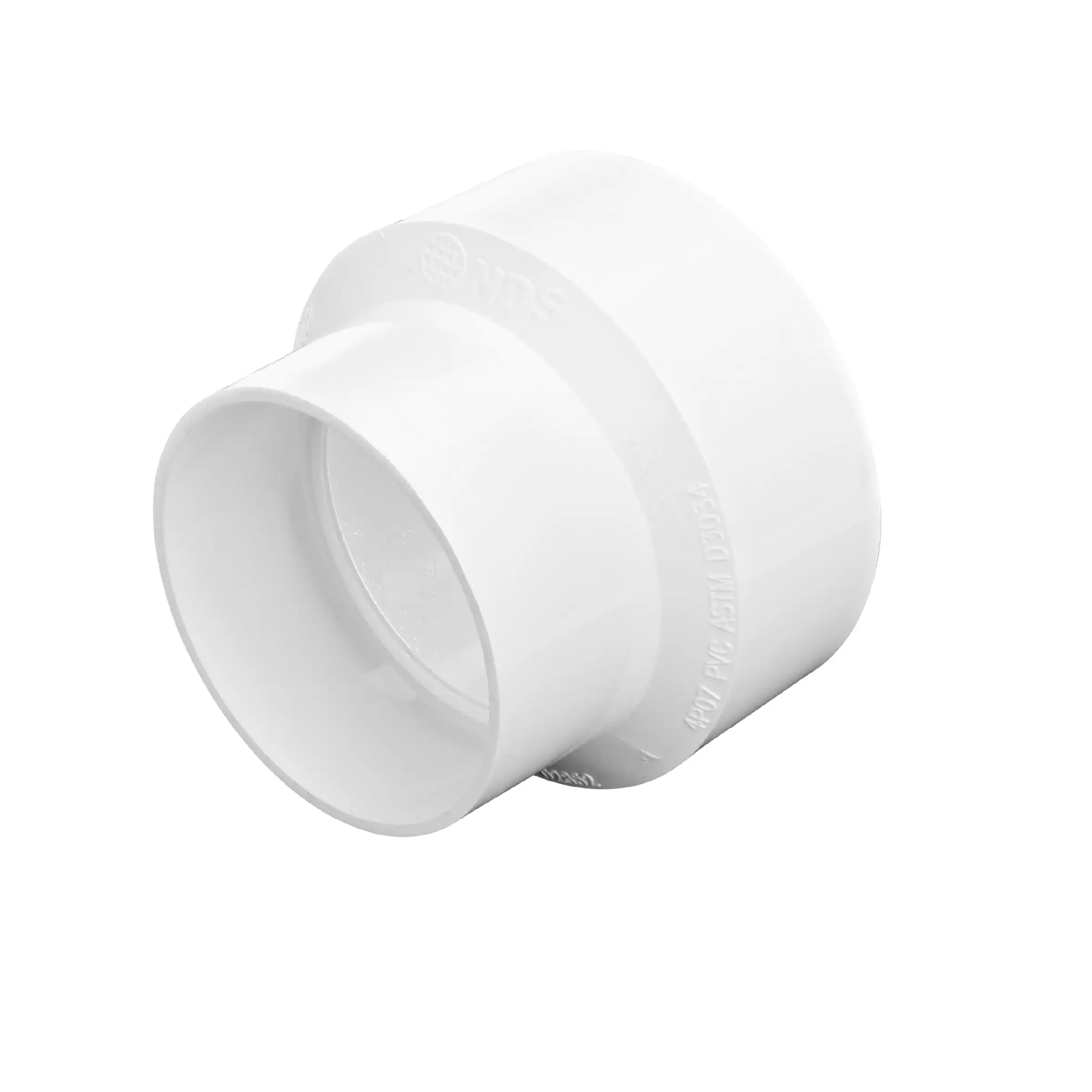 White PVC reducer coupling with two stepped ends, one larger and one smaller inlet