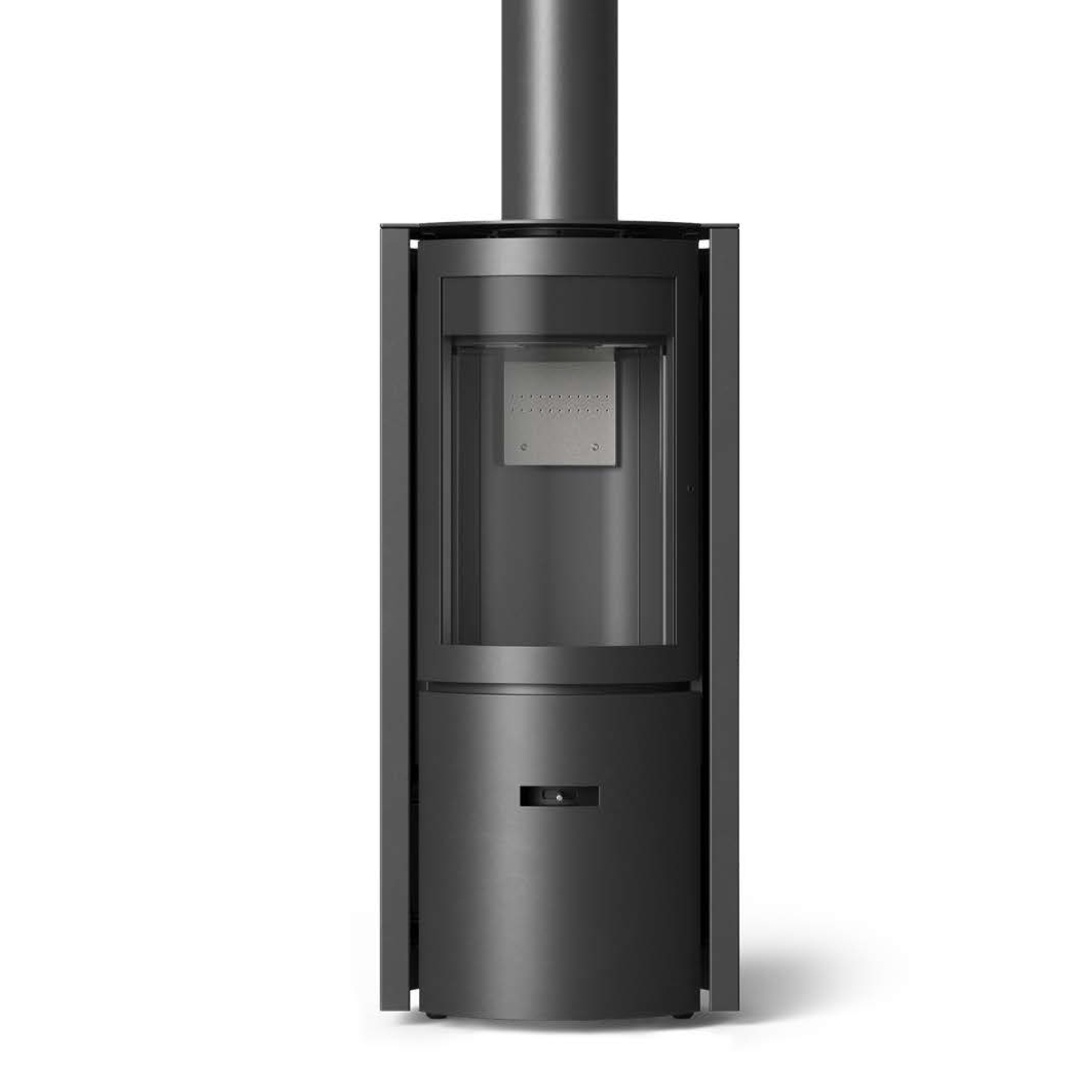 STUV wood stove with black metal body, front glass door, and vertical chimney pipe