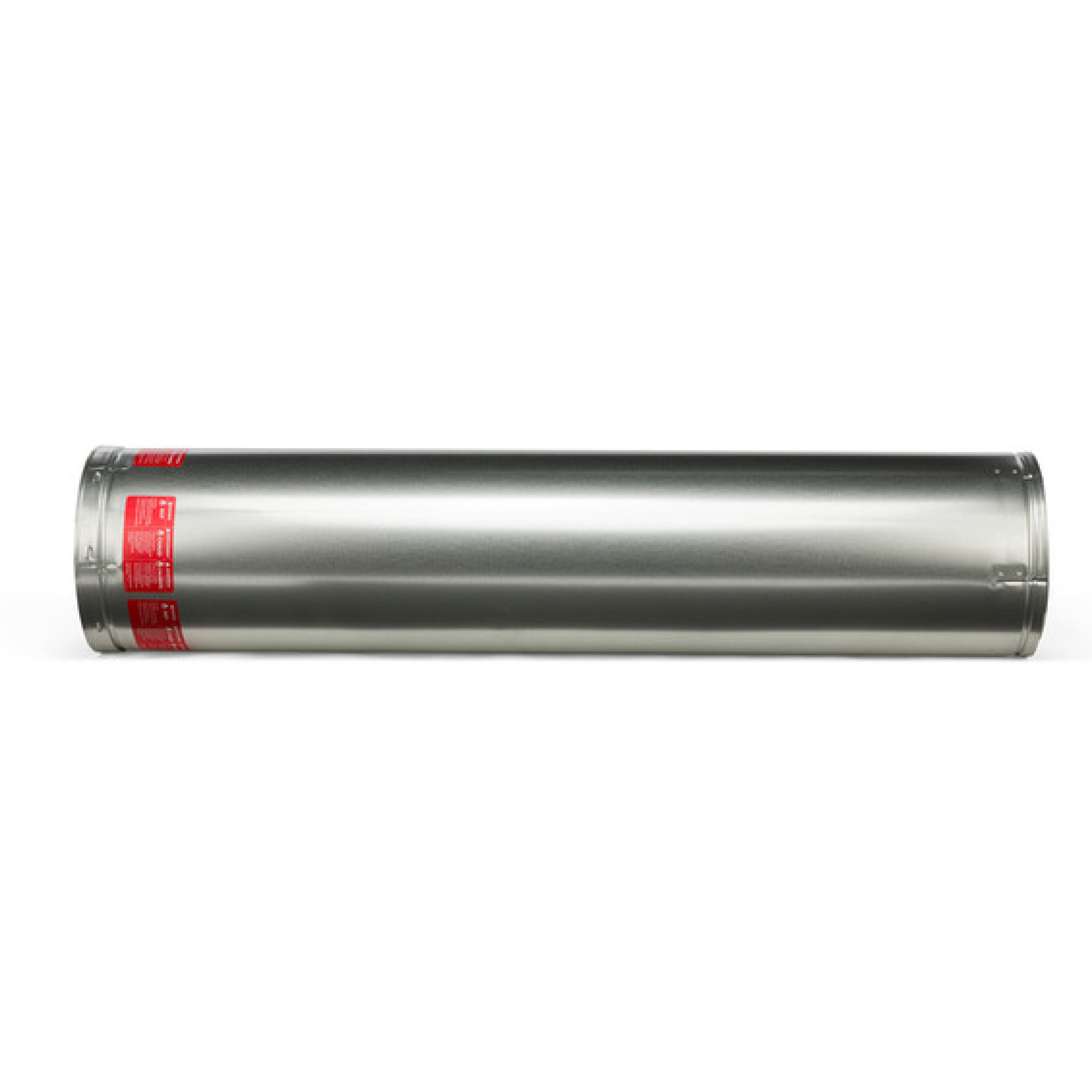 Metal pipe section, silver-gray cylindrical with red end label, 48 inch length