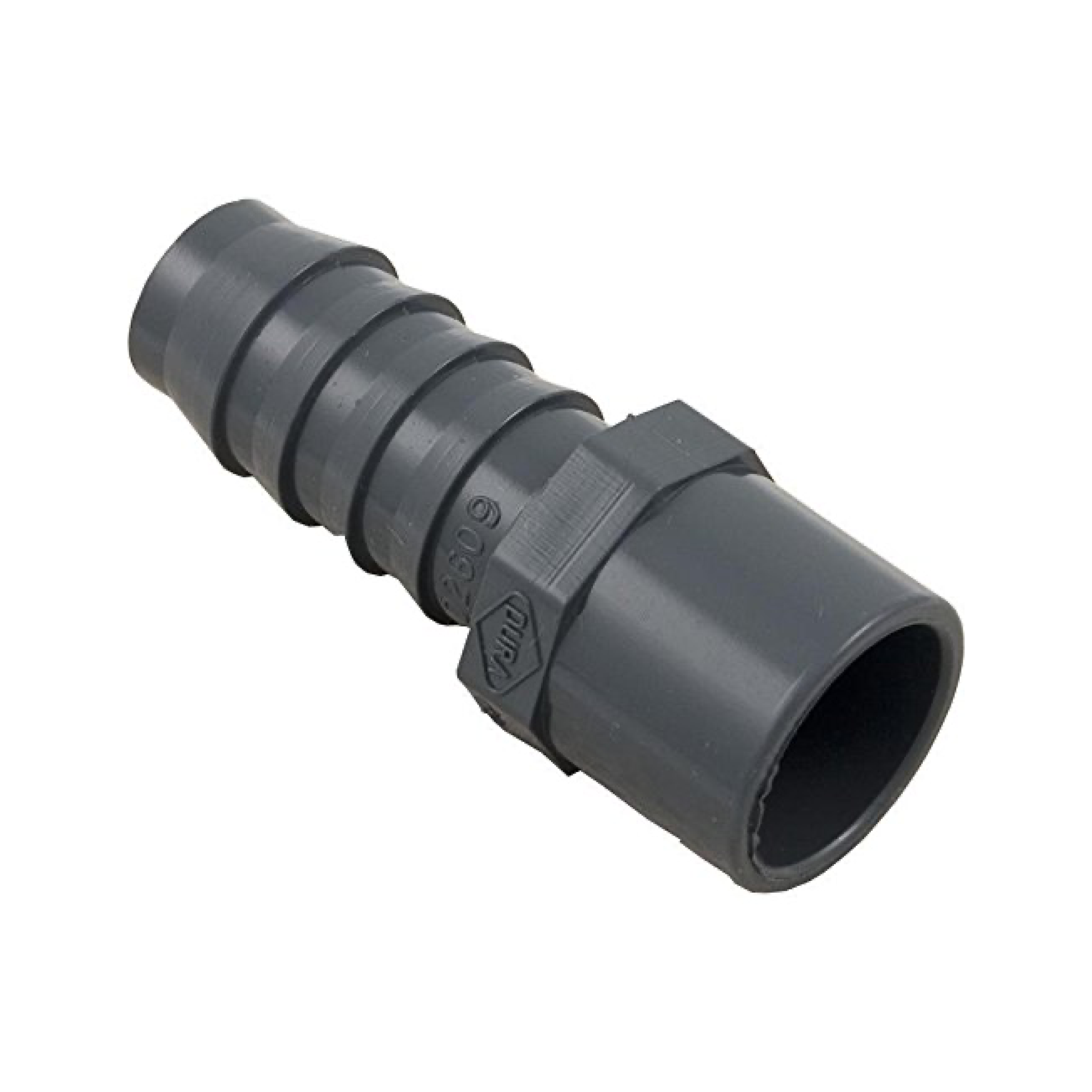 3/4 in barbed fitting adapter, dark plastic with ridged grip and open barb end