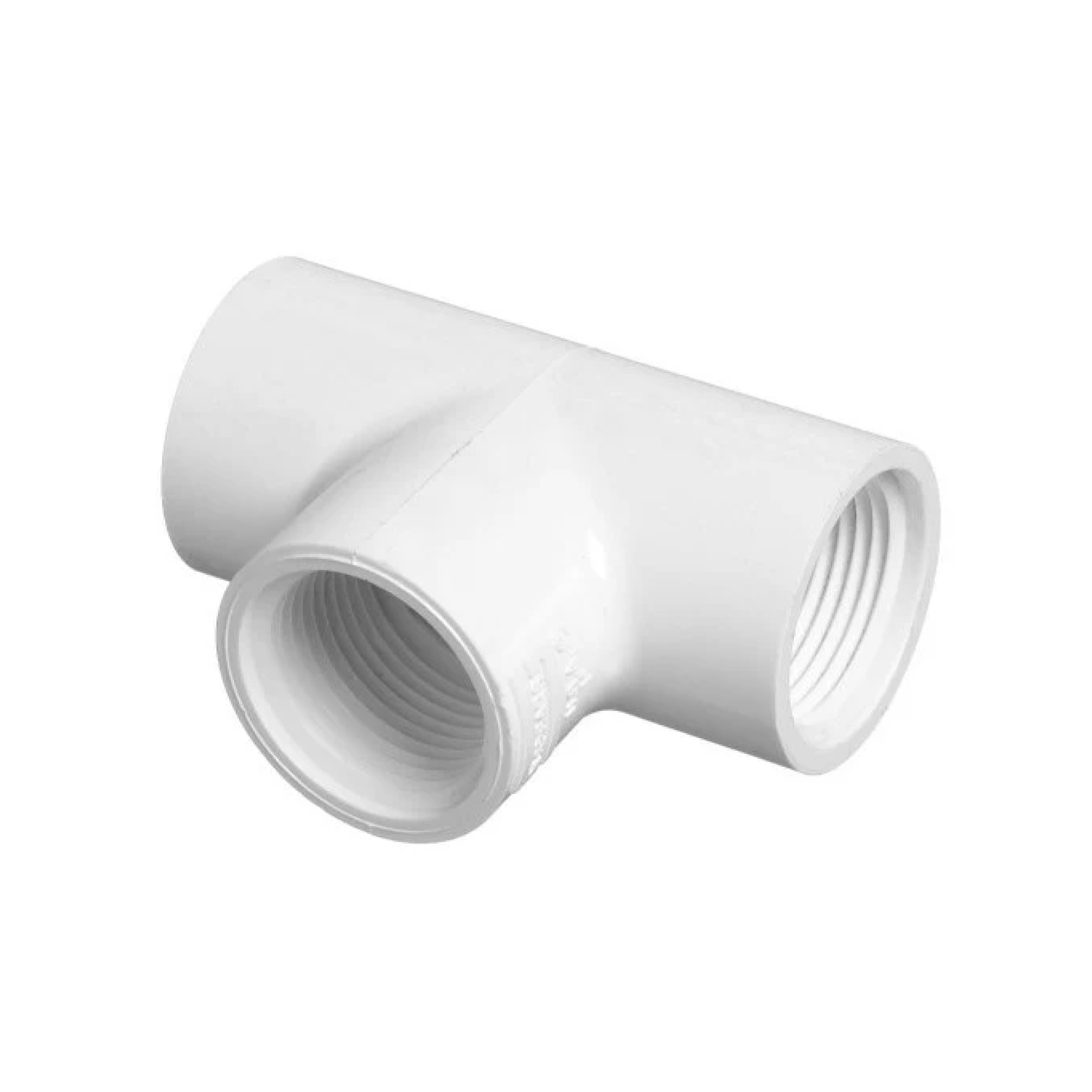 White PVC tee fitting with 1/2 in female threaded ends