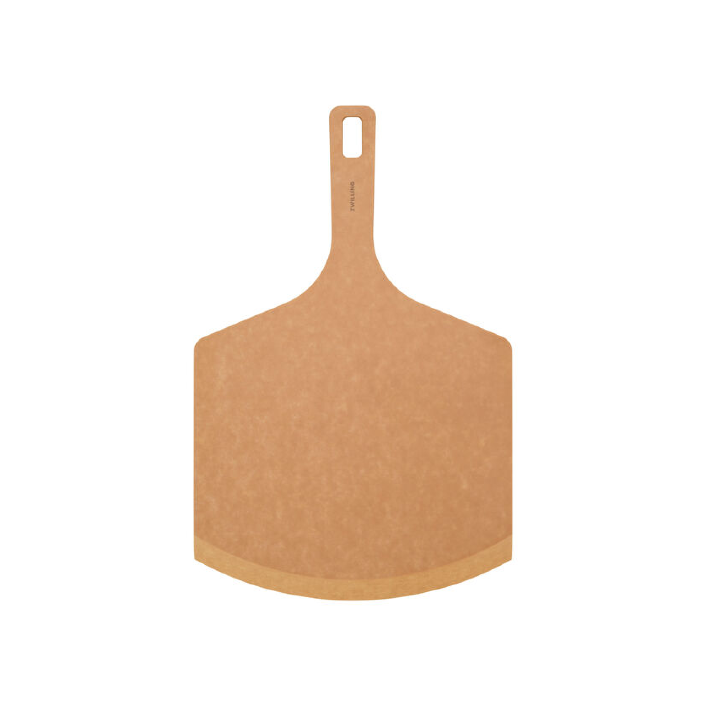 Plant fiber pizza peel with oval paddle and vertical handle with hanging hole