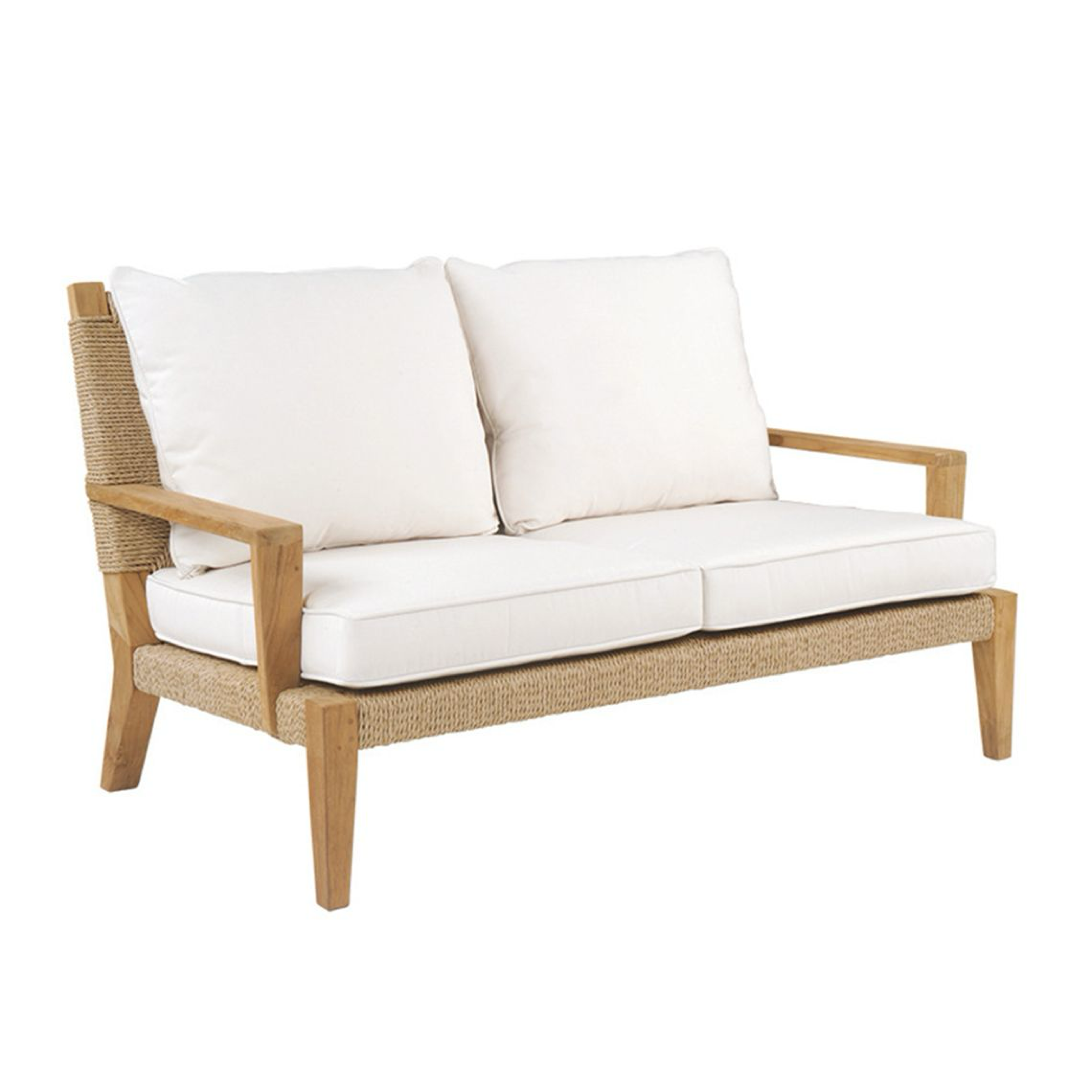 Teak and rope loveseat with white canvas cushions and two seat pillows