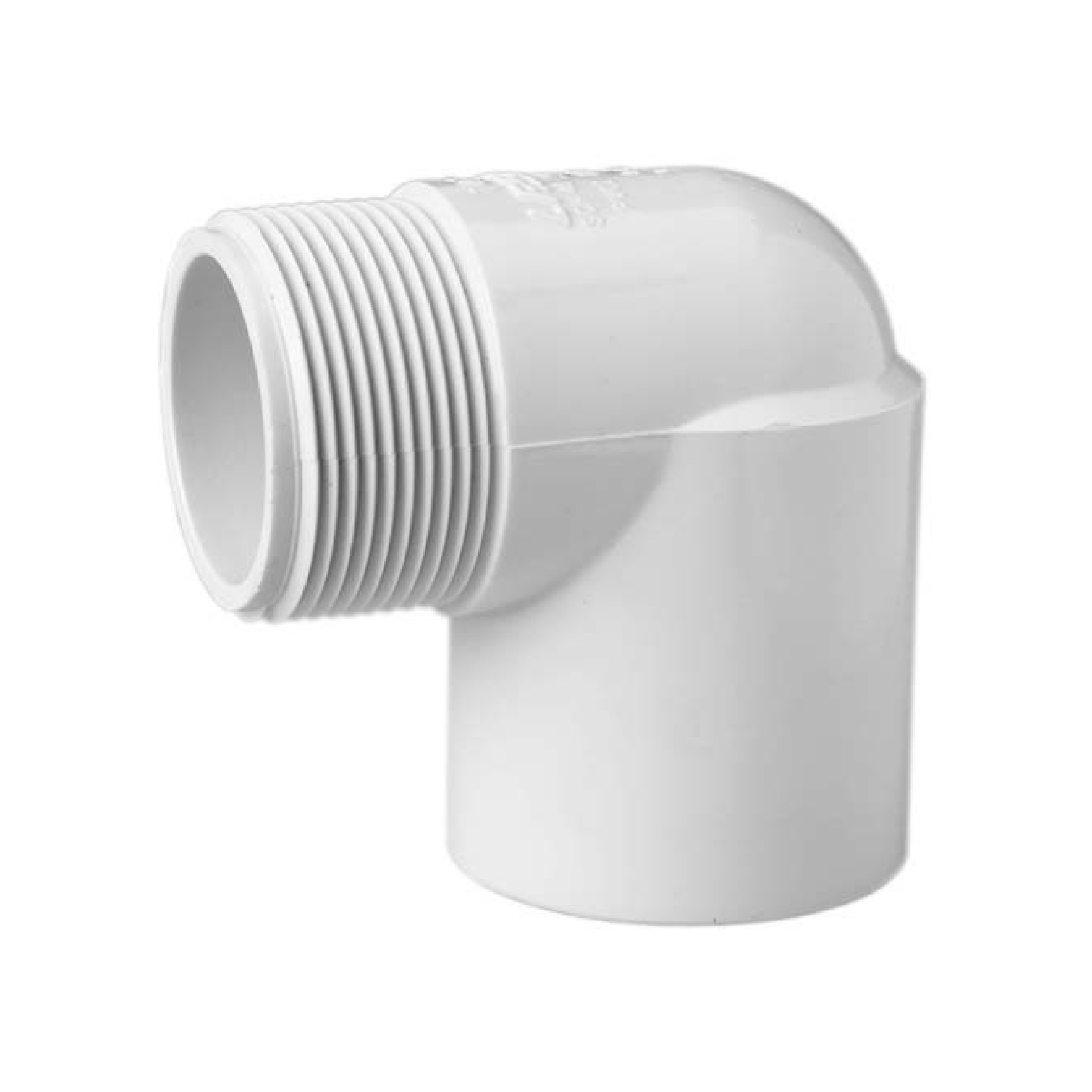 White plastic pipe elbow fitting with threaded end, 1/2 in slip x 1/2 in MP