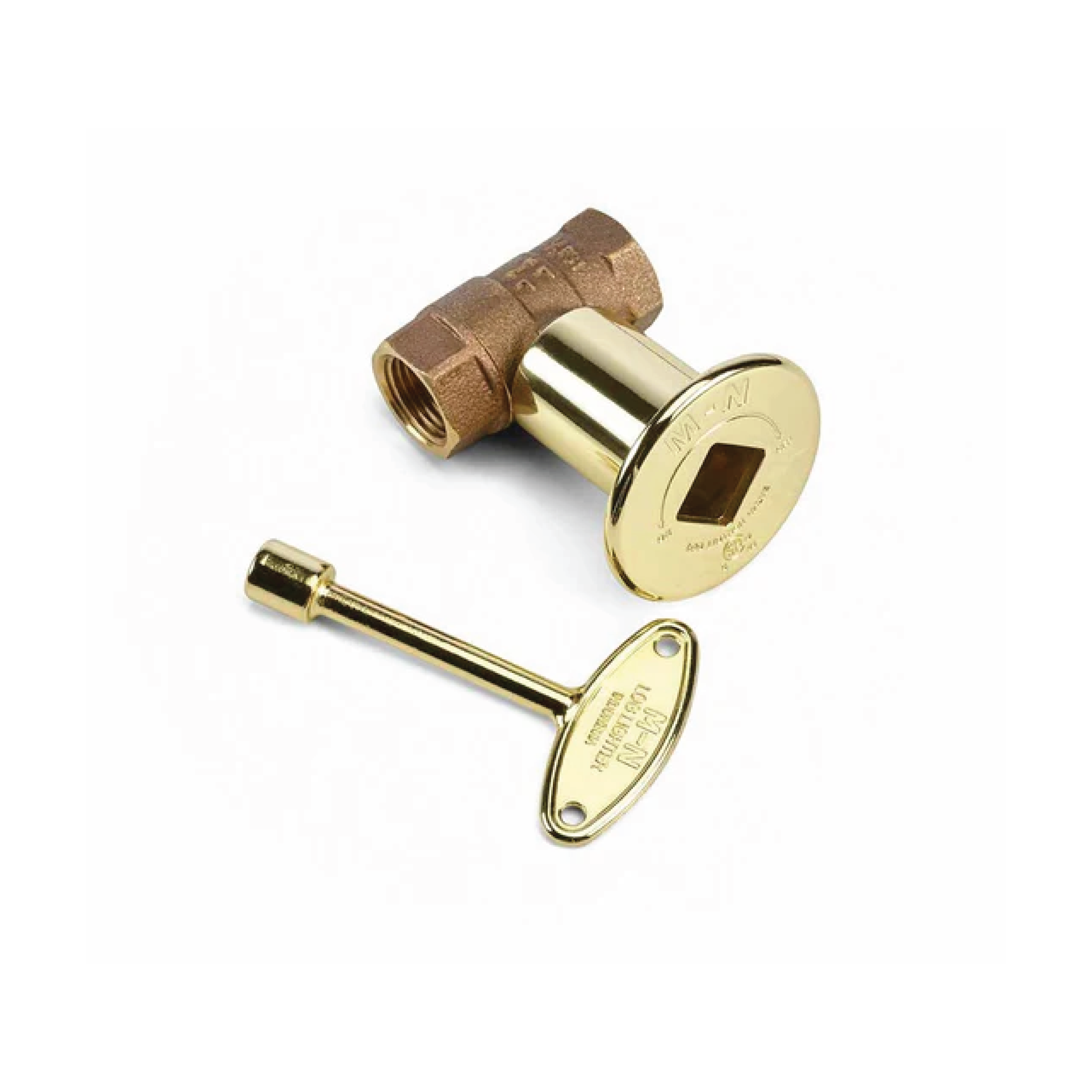 Polished brass straight valve with round flange and matching key