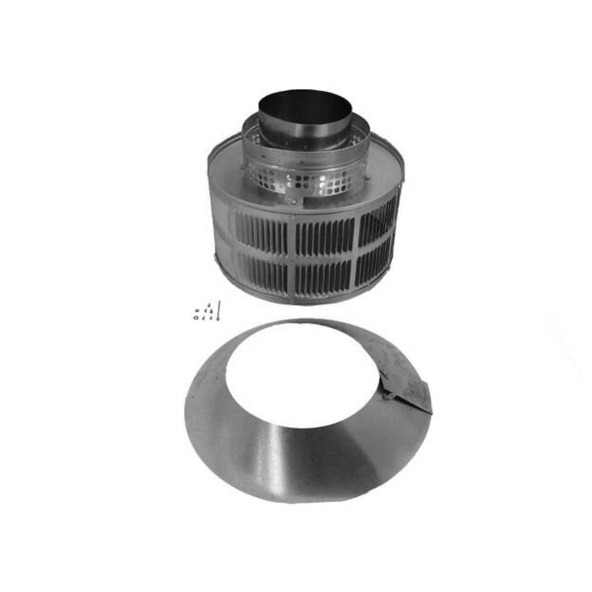 Round termination cap with perforated metal body and wide flanged rim