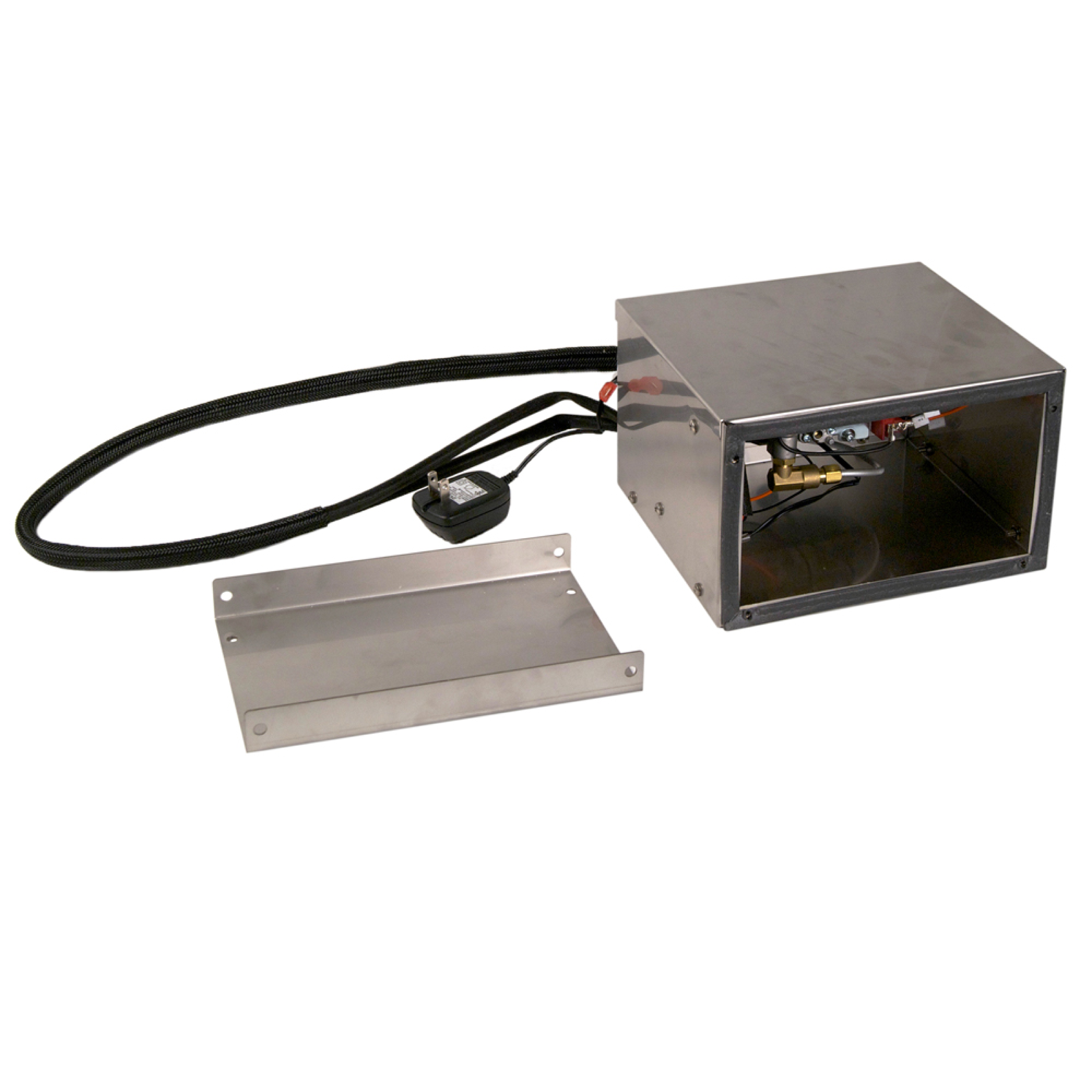 Electronic valve kit with metal control box, wiring cable, and mounting bracket plates