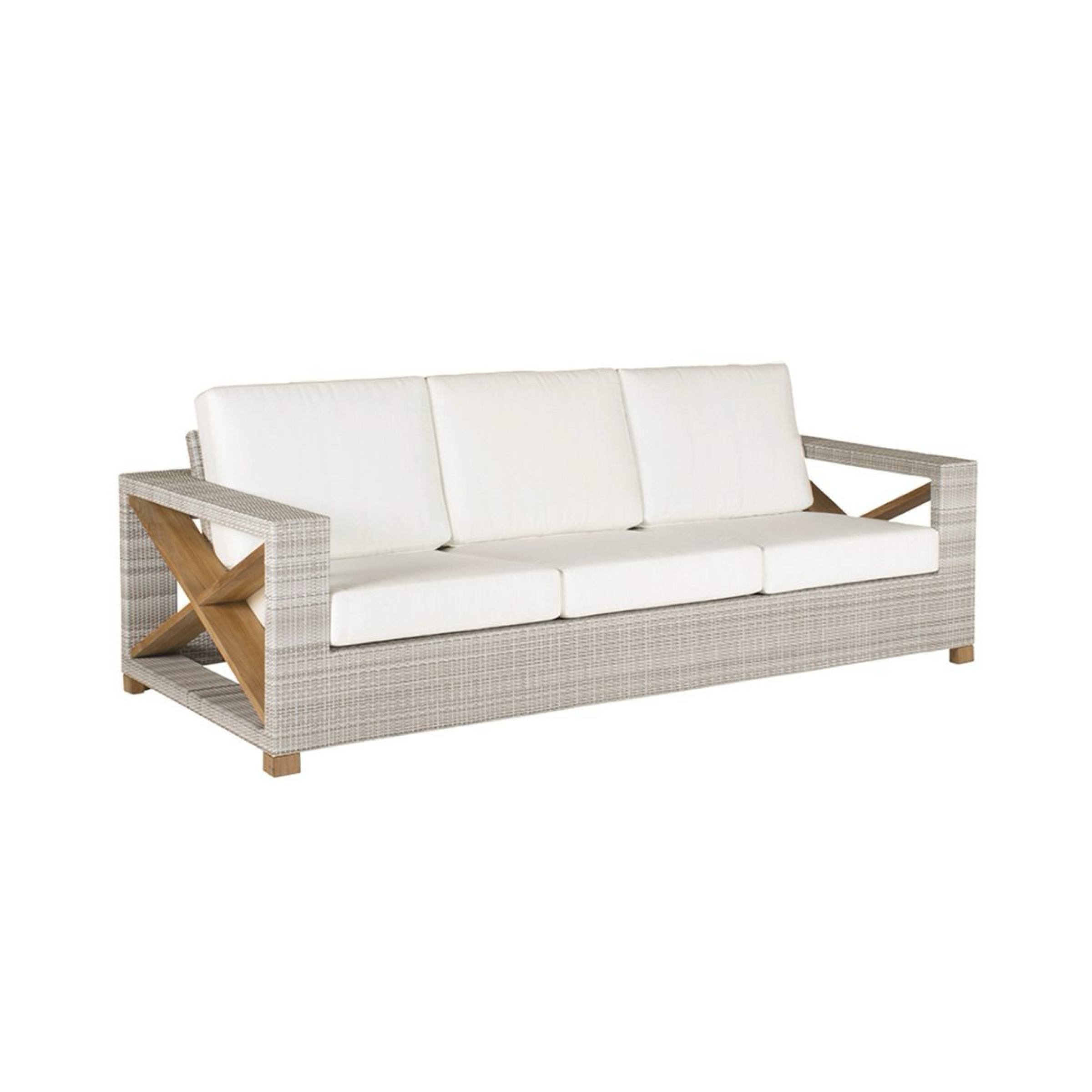 Gray wicker sofa with white cushions and teak frame, three-seat bench