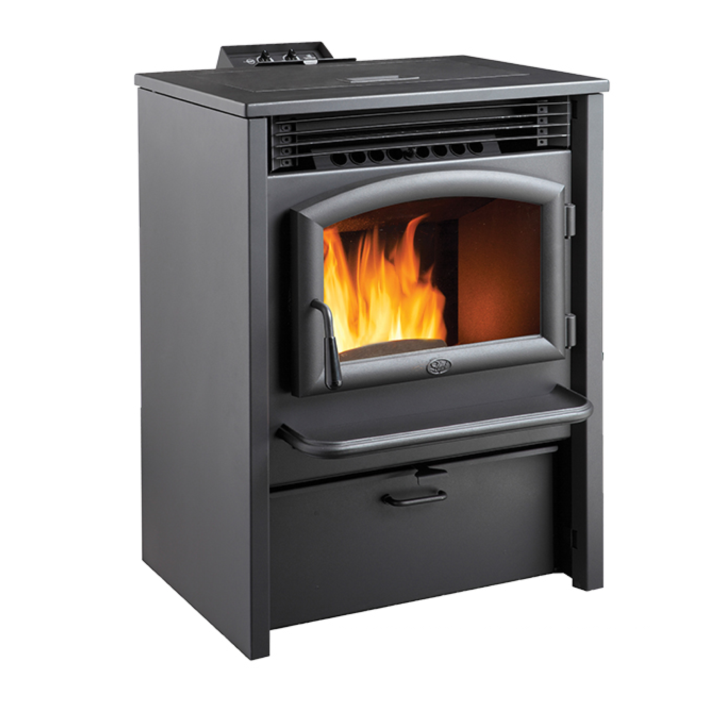 Gray pellet stove with glass door, burning flame, and top control panel