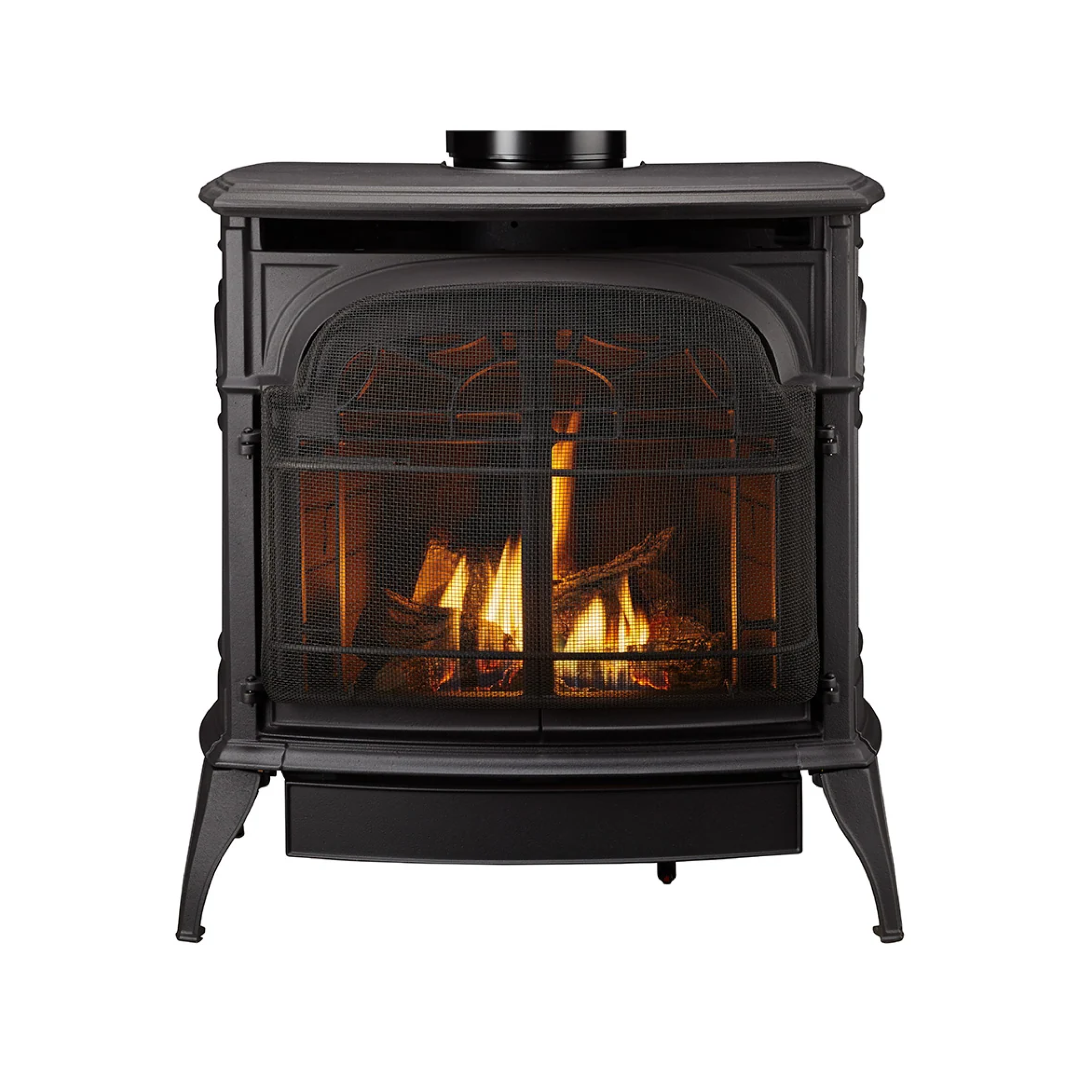 Black gas stove with glass front door, standing legs, visible flames