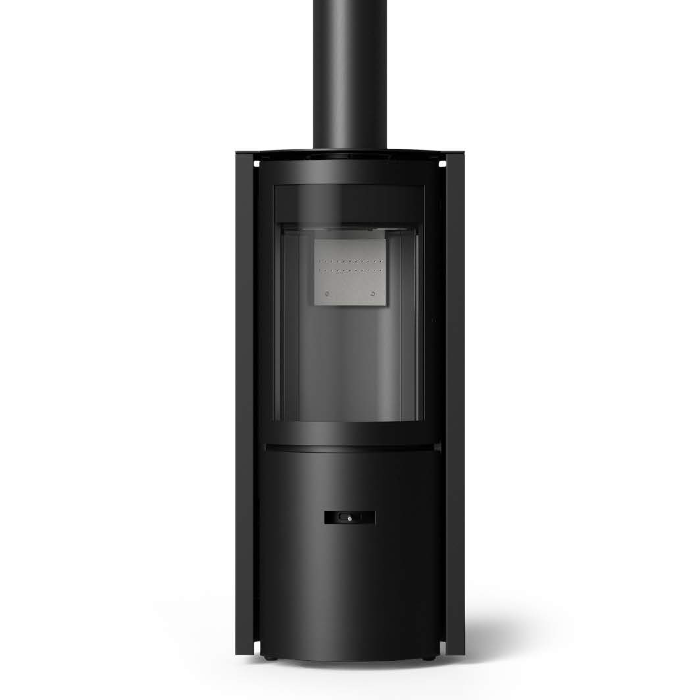 Black wood stove with glass door and stovepipe, front view