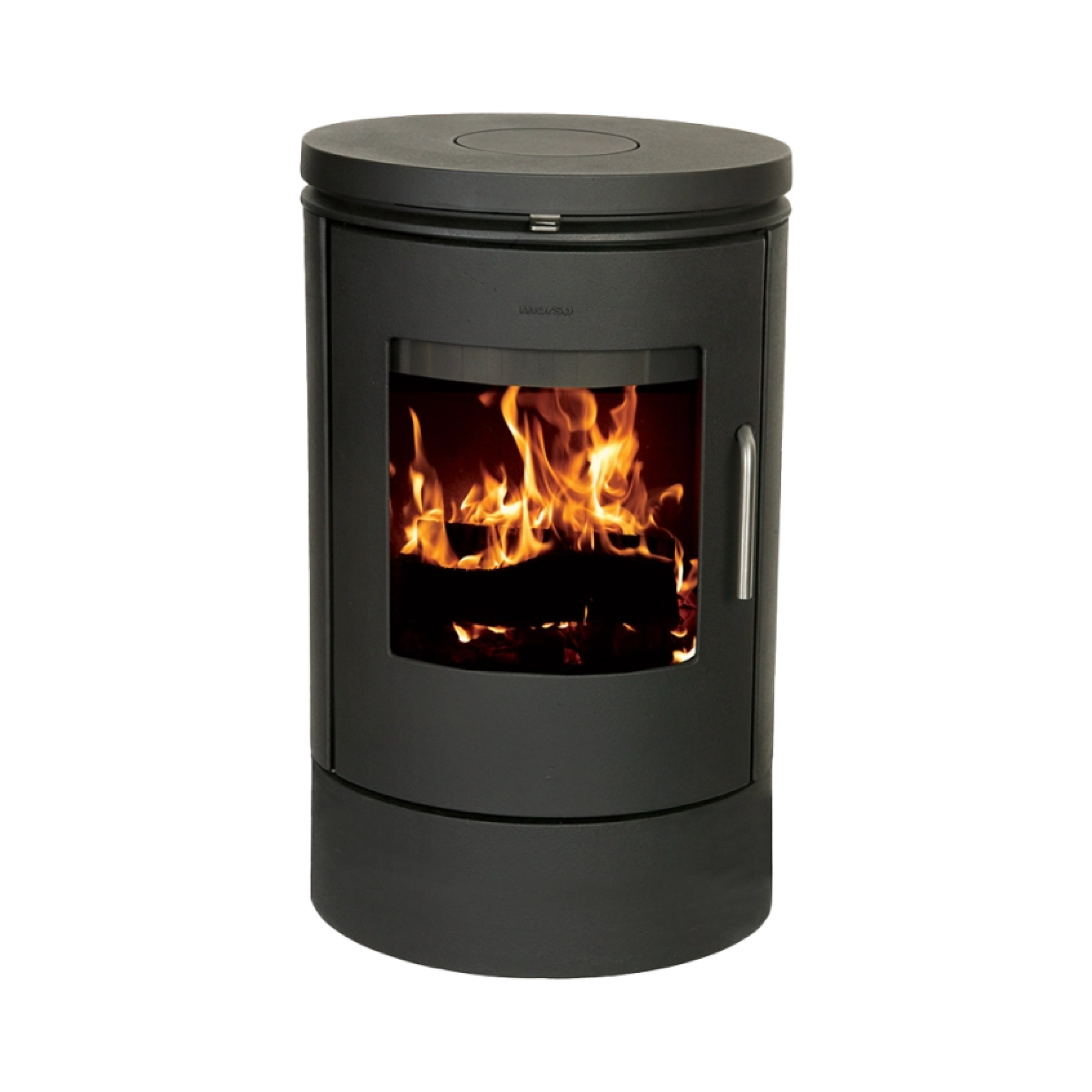 Black wood stove with glass door and lit fire; round top and side handles.