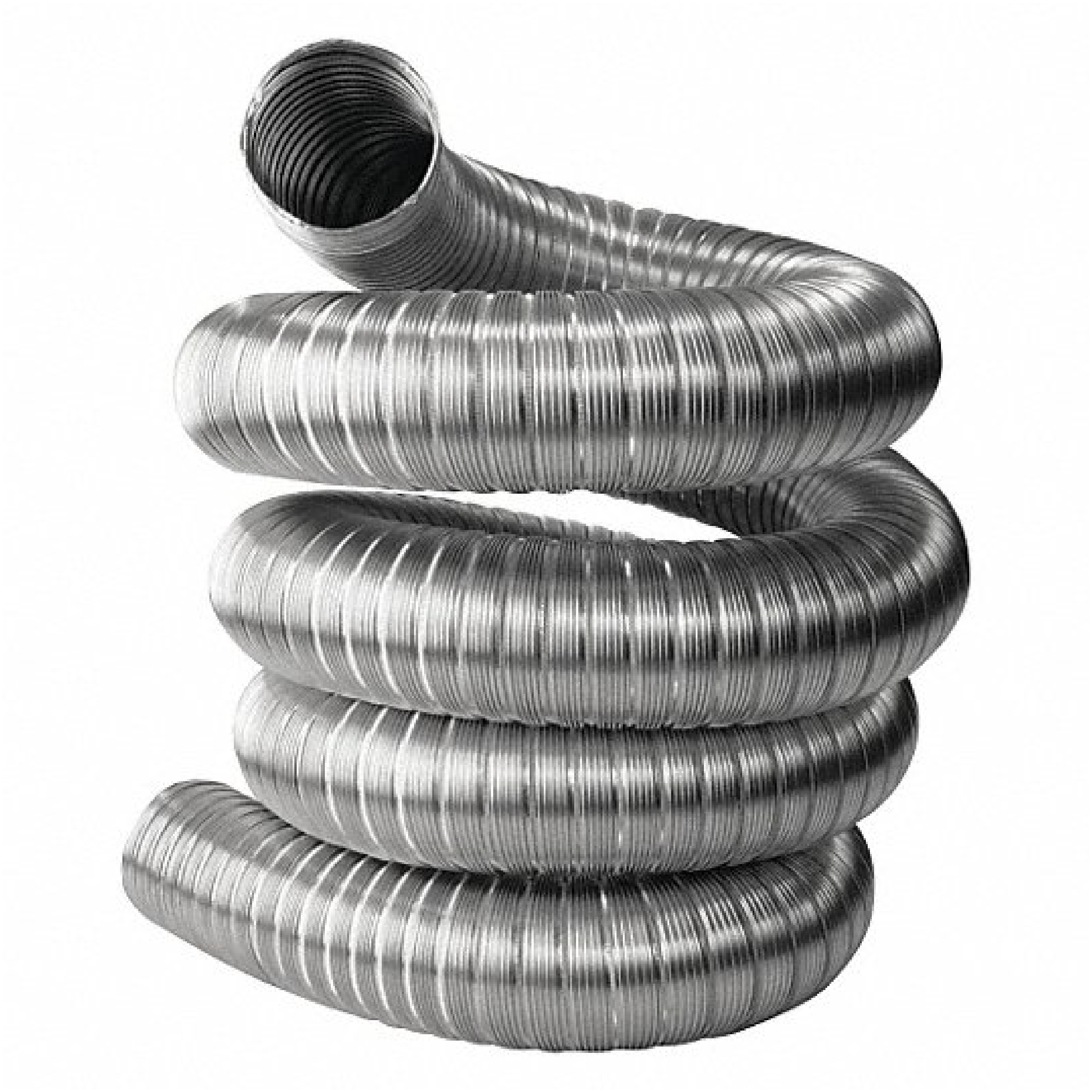 Coiled stainless flexible vent liner with curved ribbed duct sections and open ends