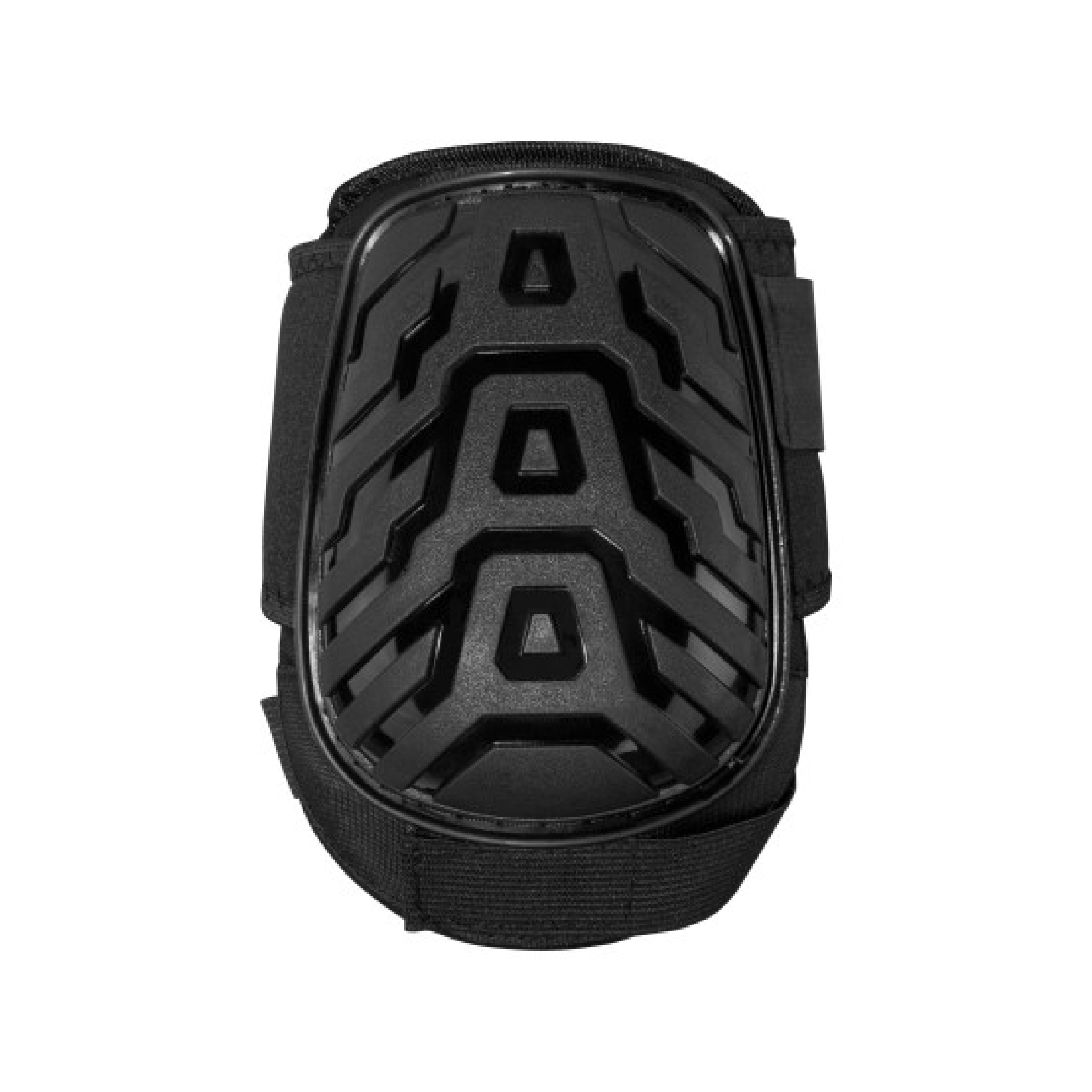 Gel knee pad with black molded shell and textured fabric strap, front view
