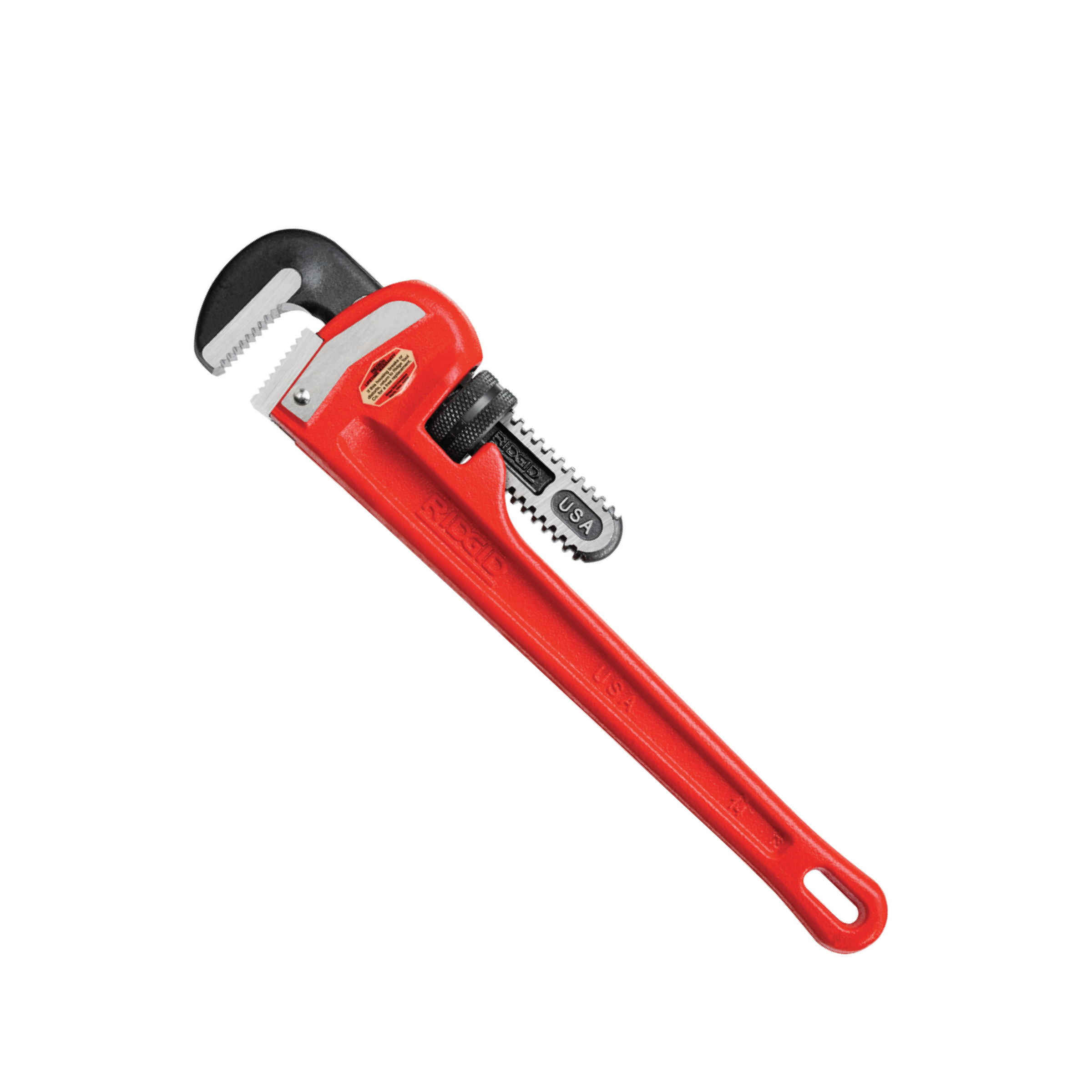 Red 18-inch steel pipe wrench with adjustable black jaw and textured grip