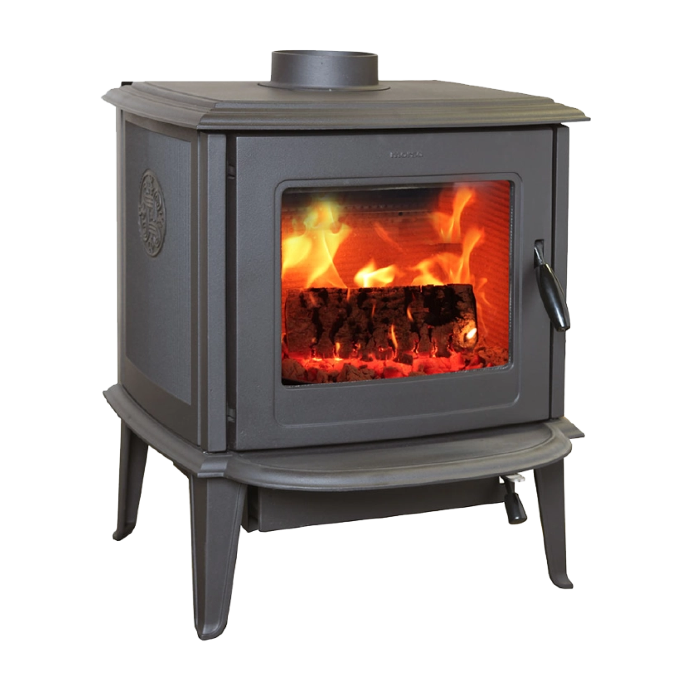 Gray metal wood stove with front glass door and burning logs
