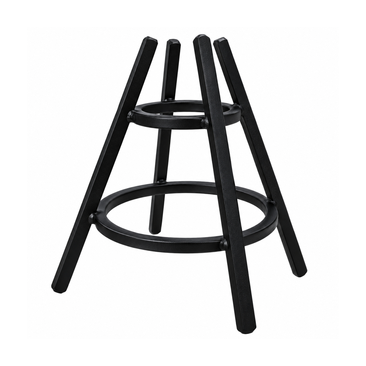 Hand-forged black metal grate stand with three arched legs and circular rings