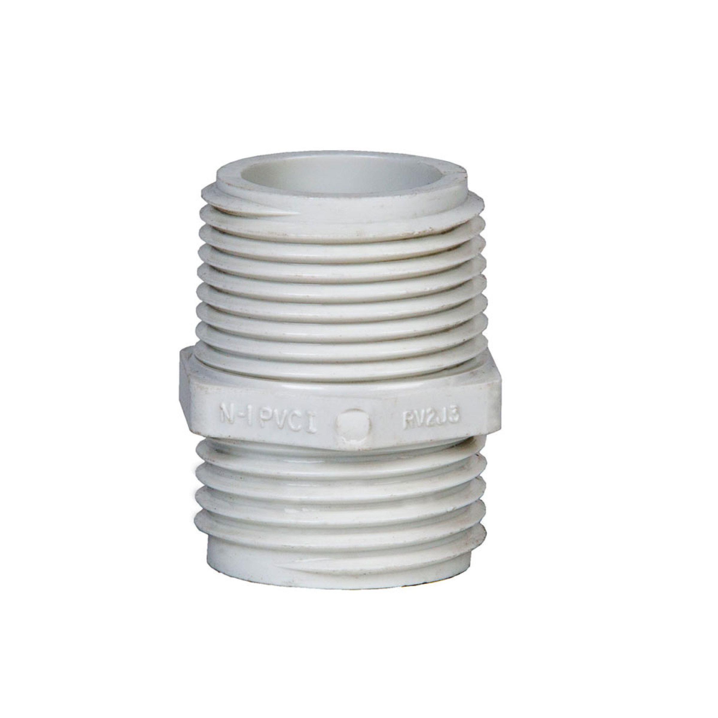 Light gray plastic threaded transition nipple with hex coupling and raised ridges
