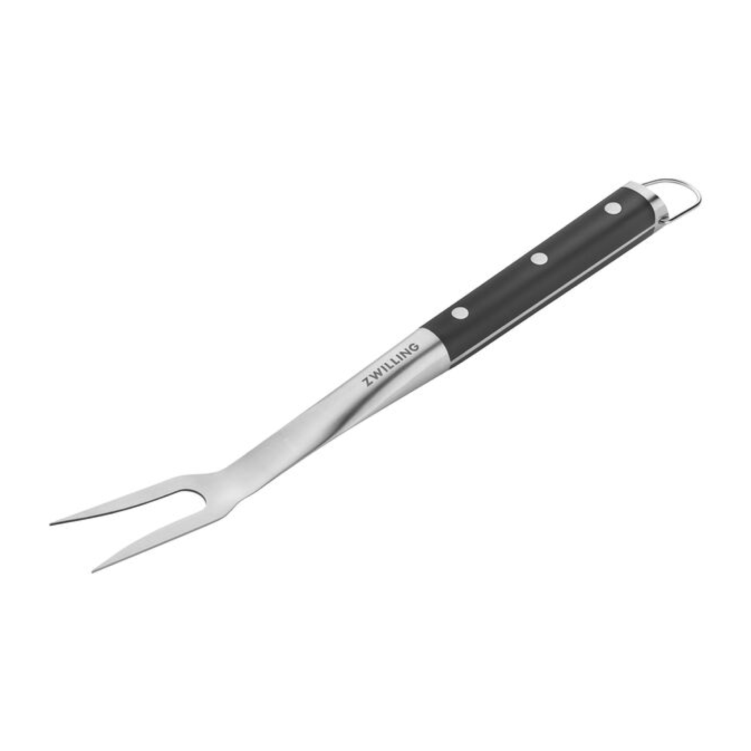 Stainless steel grill fork with black handle and two prongs