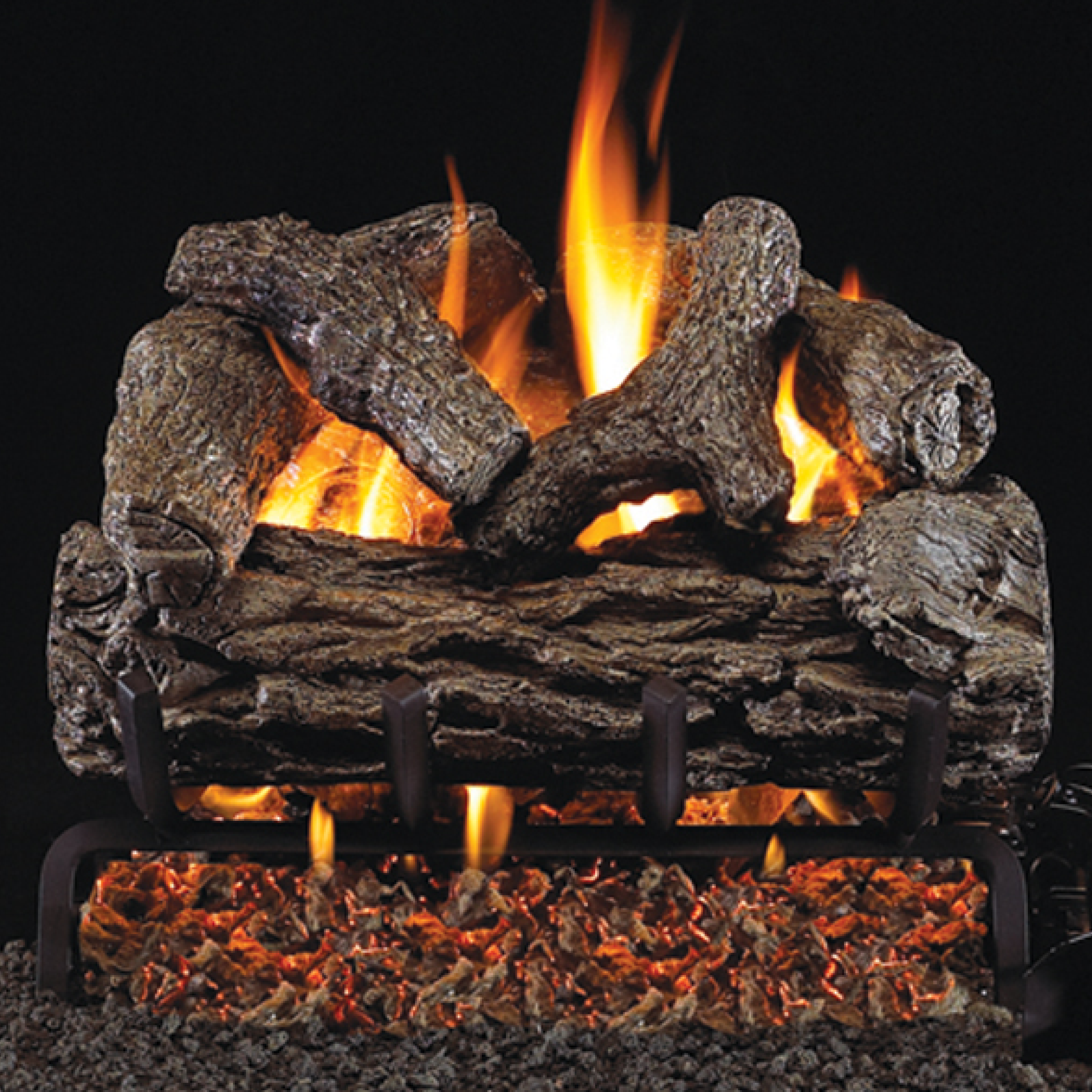 Golden oak log set with burning logs and ember-filled fire grate