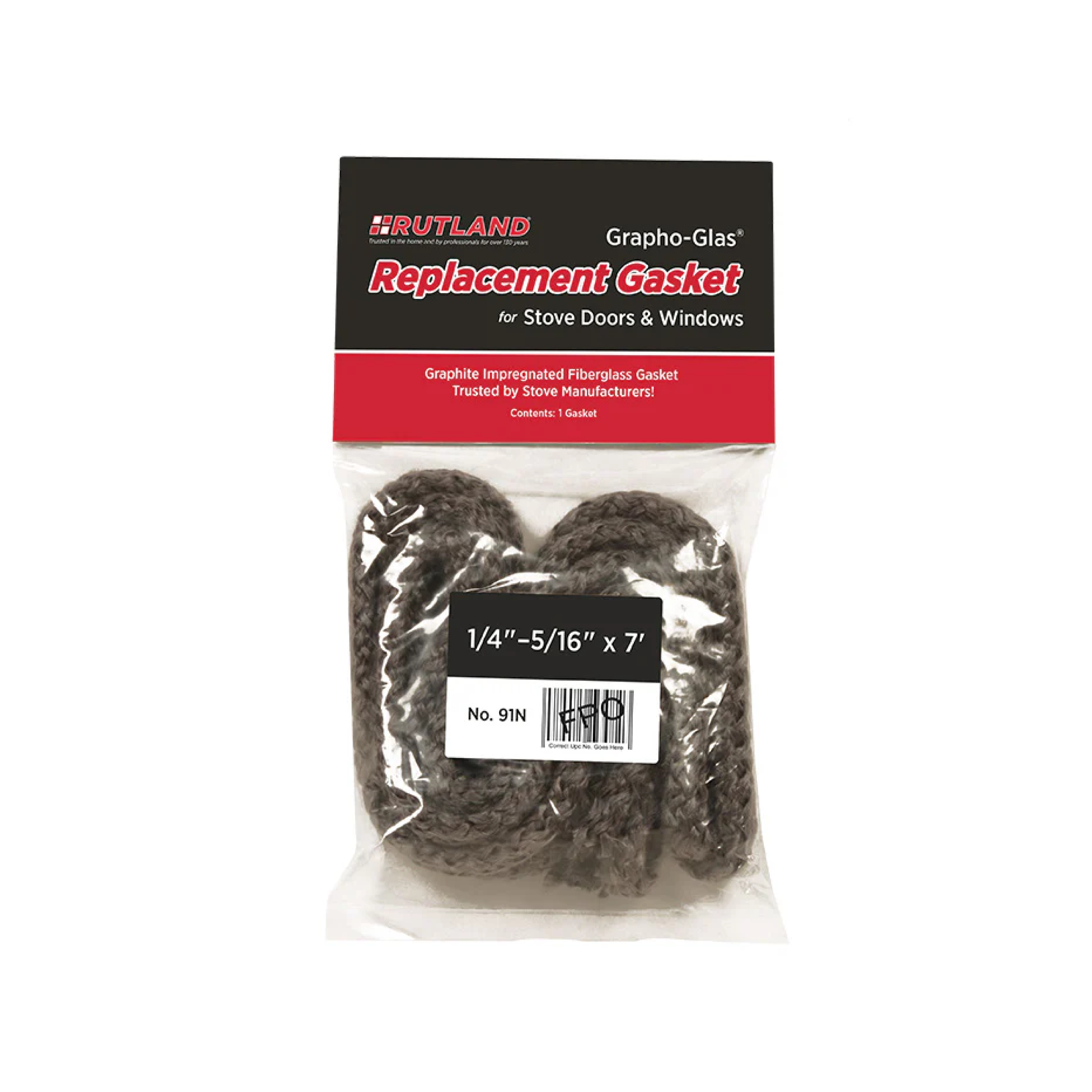 Graphite stove door gasket replacement, coiled in clear bag, dark gray