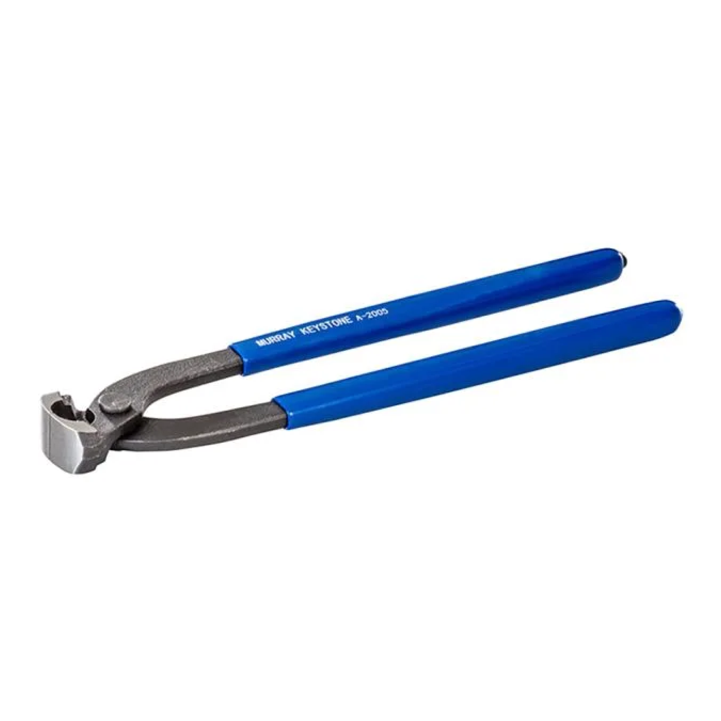 Pinch clamp crimping tool with blue rubber handles and silver crimping jaws