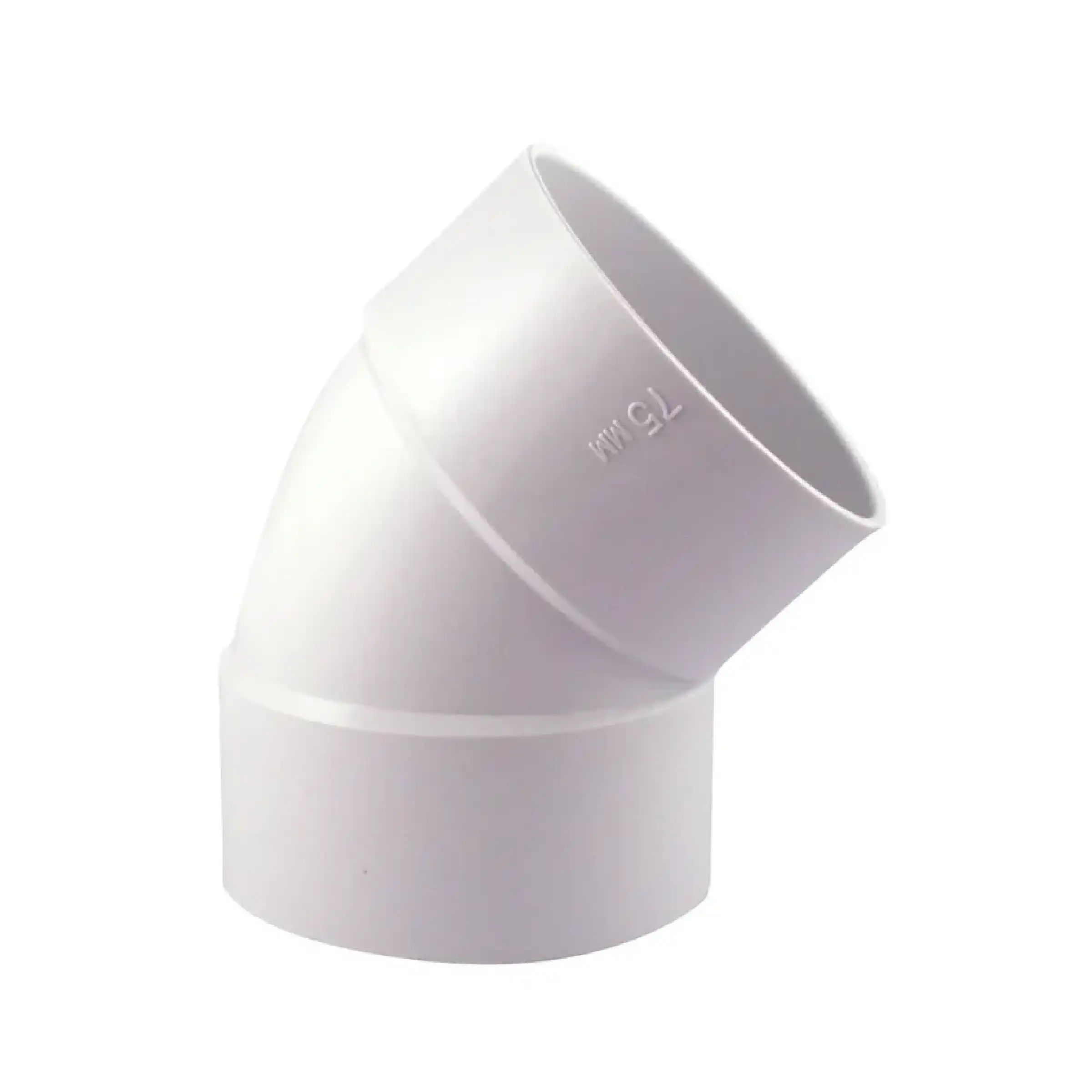 4 in 45-degree PVC elbow fitting, white-gray, with two connected pipe ends