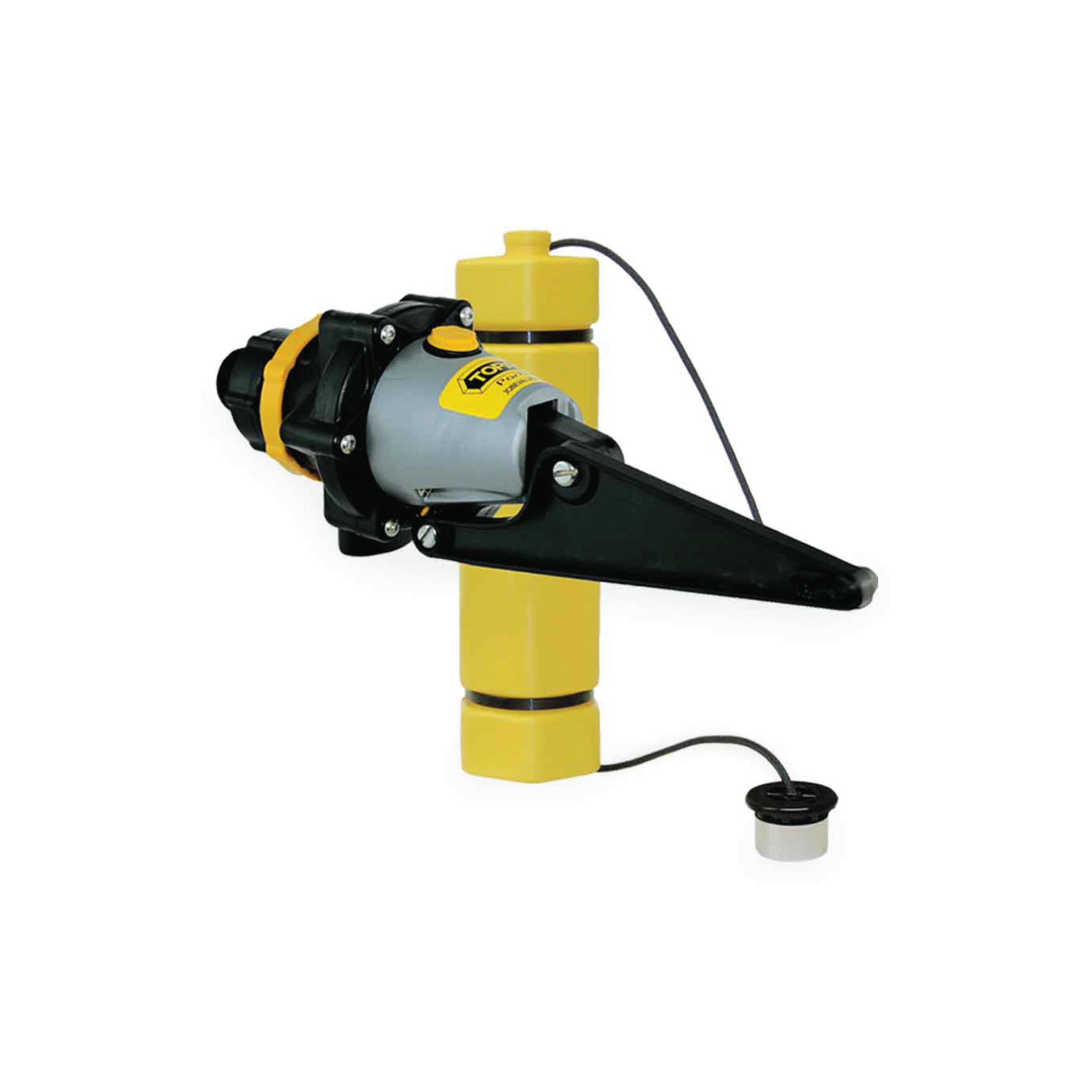 Yellow and black part-fill valve with lever handle and hose connections