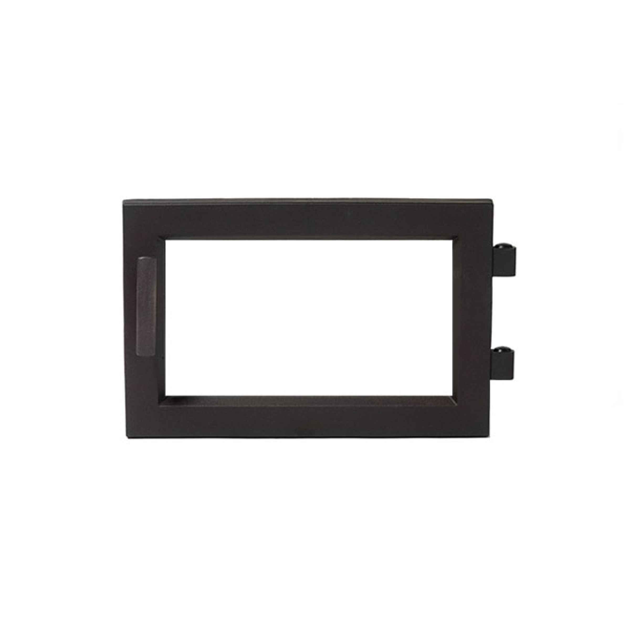 Black contemporary door with rectangular glass opening and side hinges