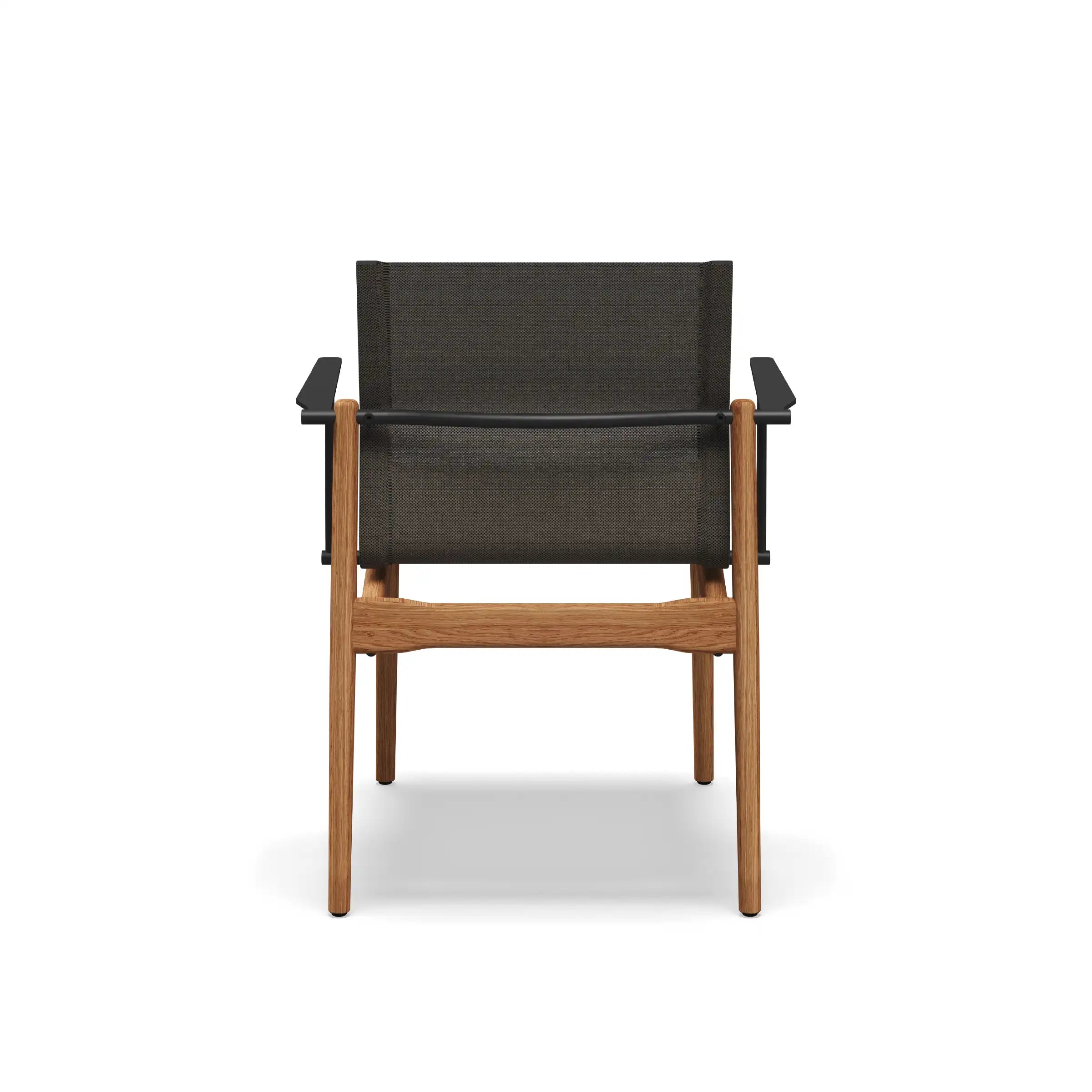 Teak dining chair with arms, dark gray sling backrest and seat, front view