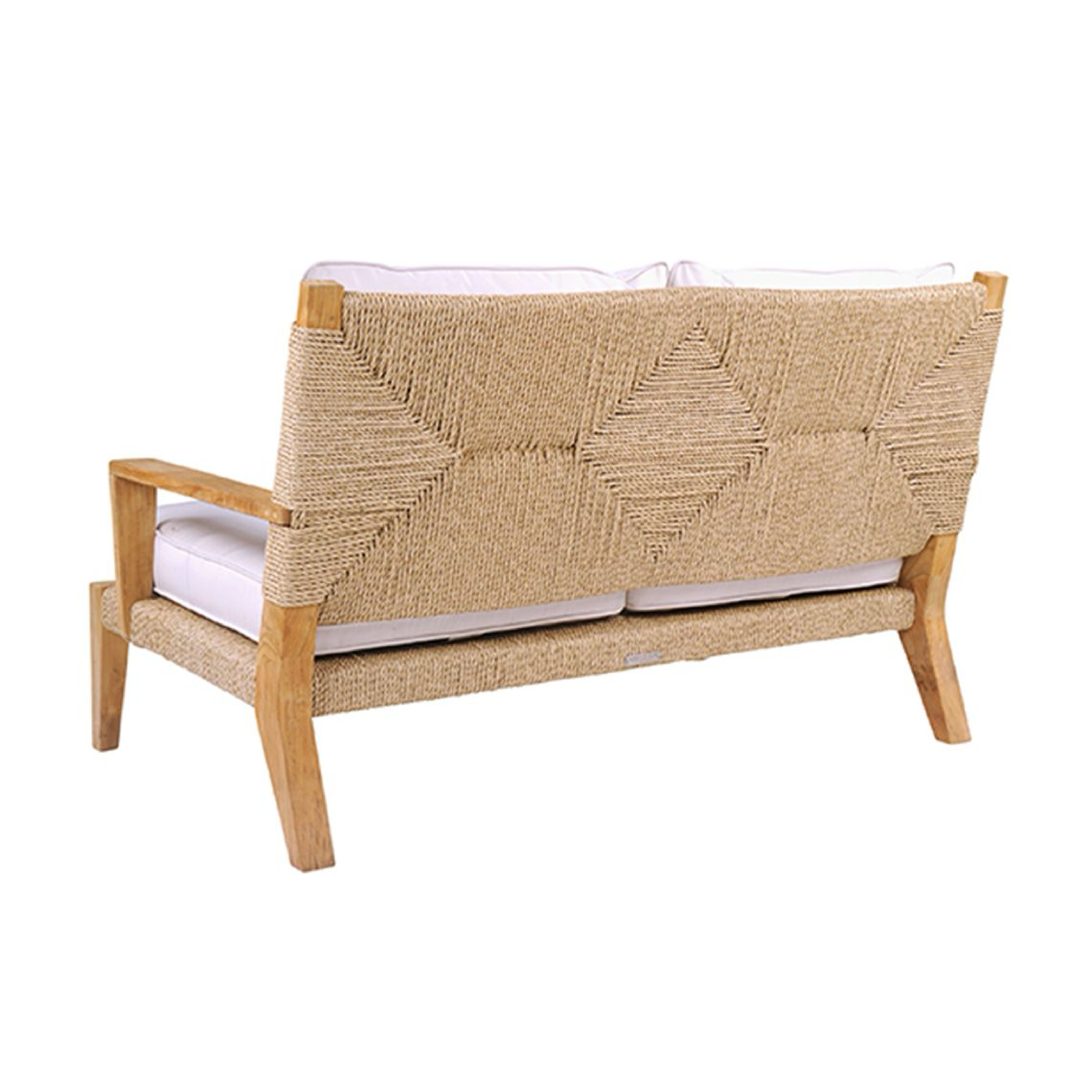 Rope loveseat with woven tan back and armrests over white seat cushions