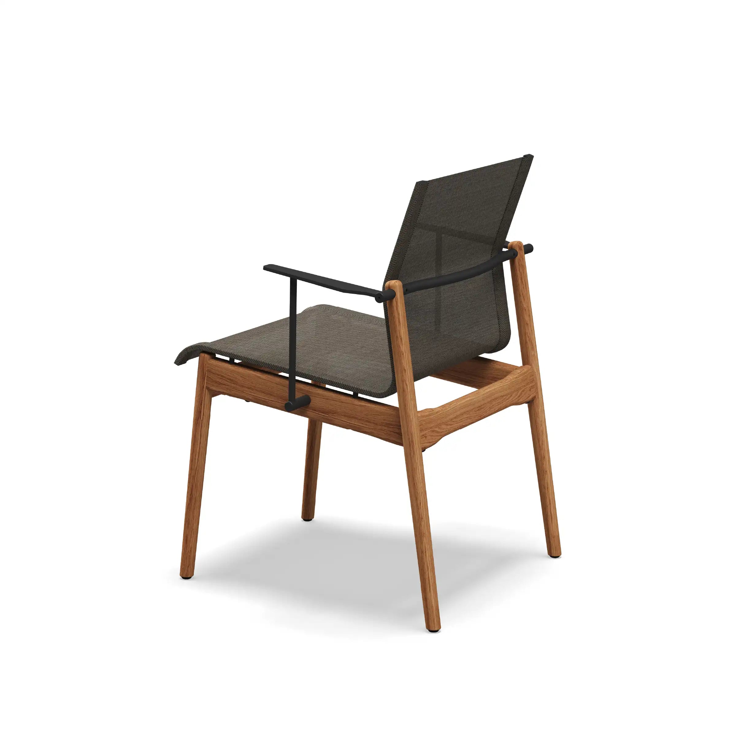 Teak dining chair with arms, dark gray sling seat and back, angled side view