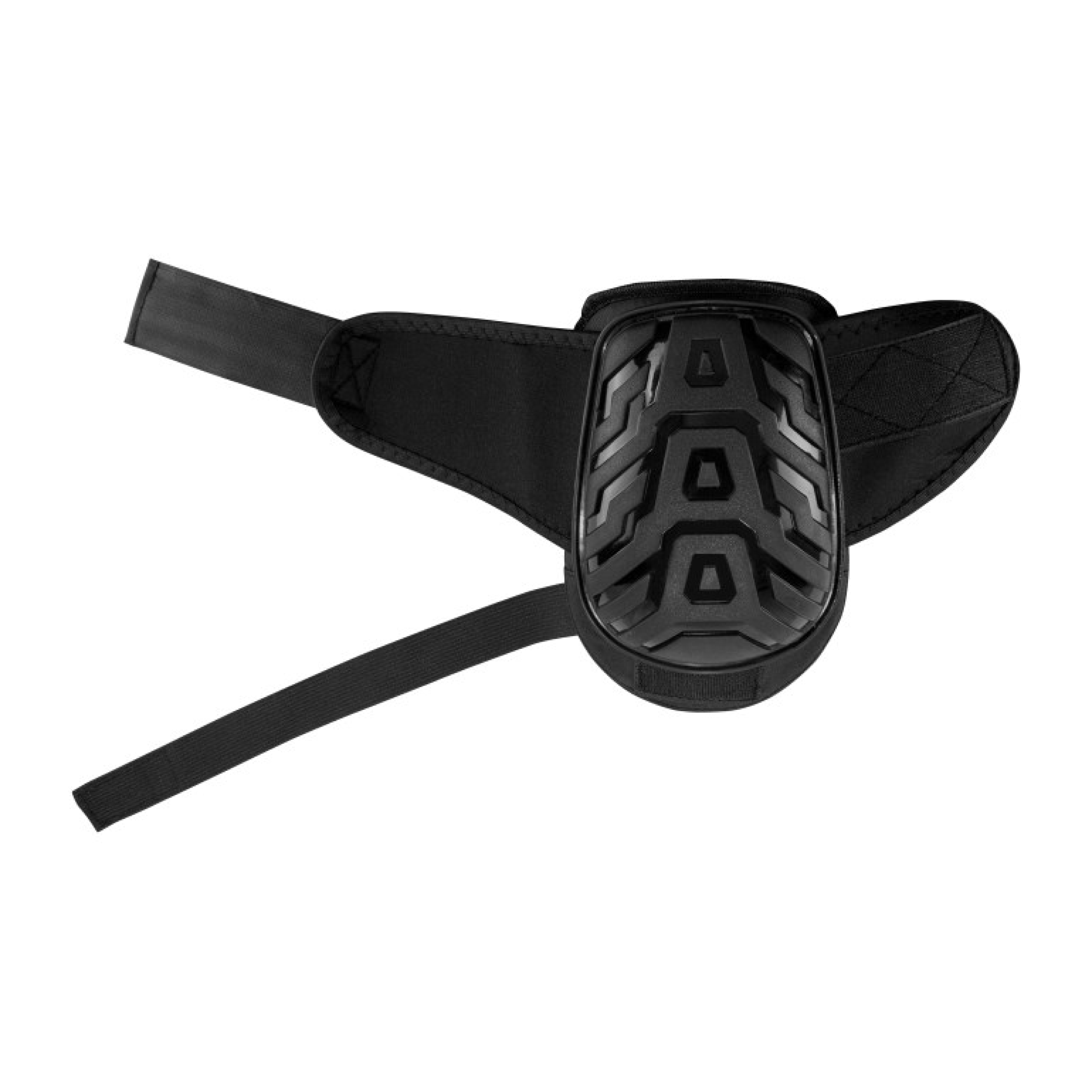 Gel knee pad with black molded armor plate and two fabric straps, side view