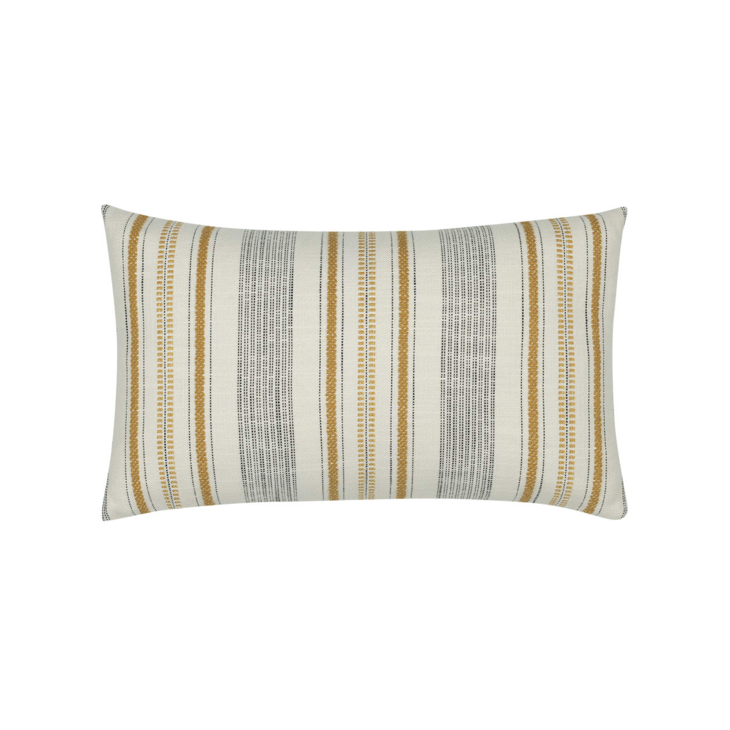 Lumbar decorative pillow with gray center and gold-and-white vertical stripe band