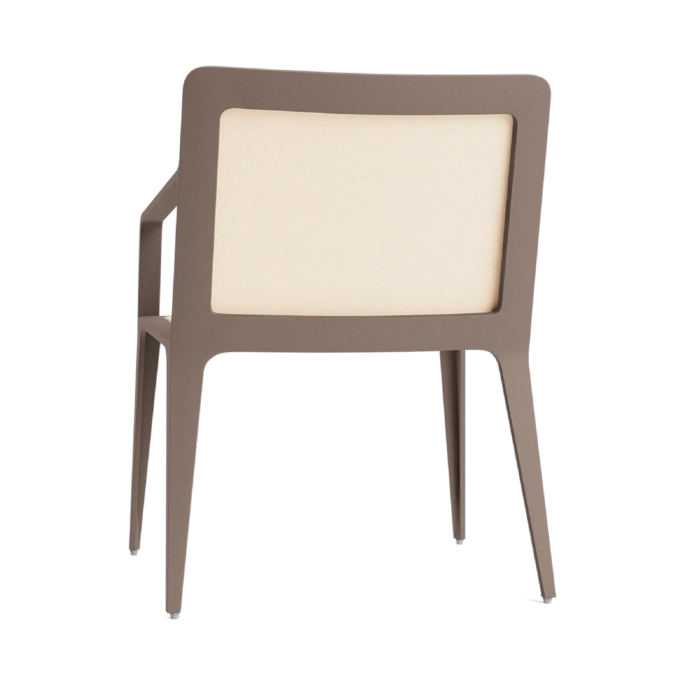 Arm chair front view with cream upholstered back panel, storm gray frame