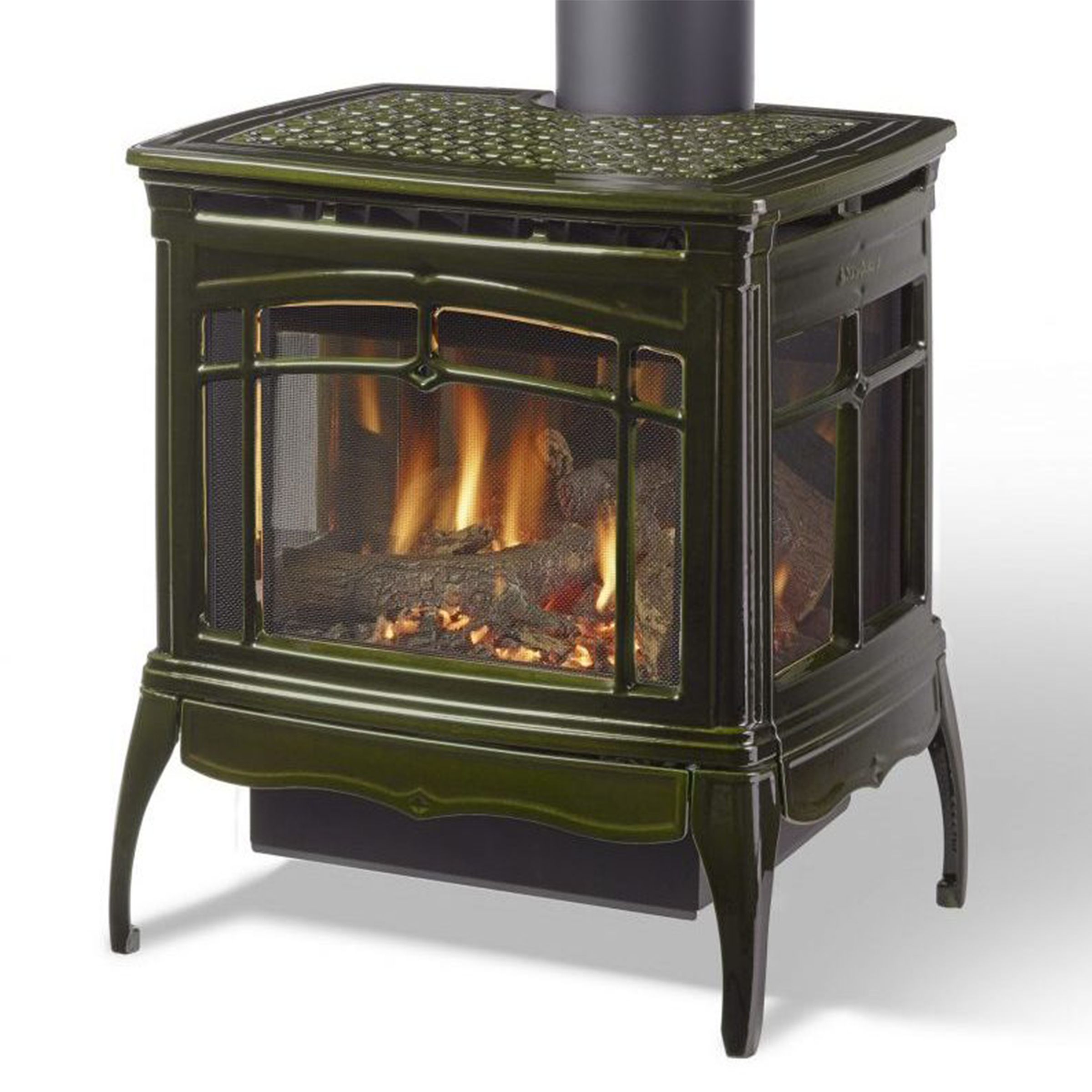 Gas stove with glass doors, basil green enamel finish, arched frame and log grate