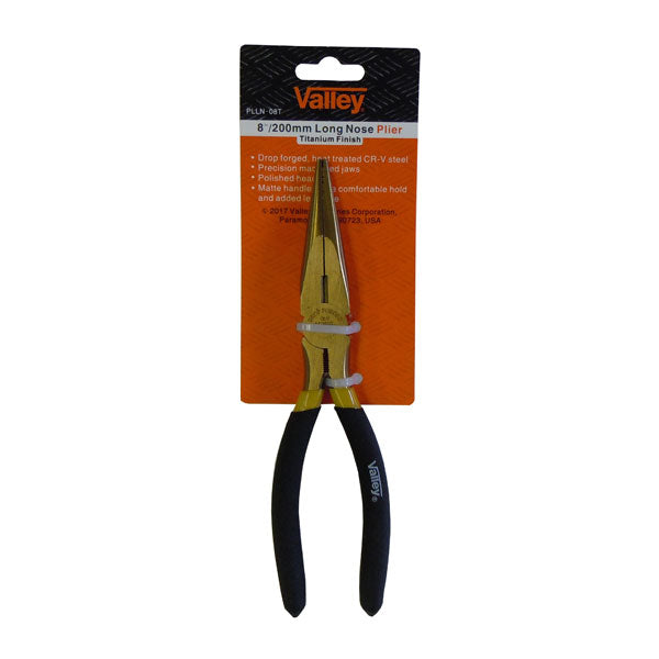 8" LONG NOSE PLIER, CR-V/TITANIUM FINISH, FOAM GRIPS