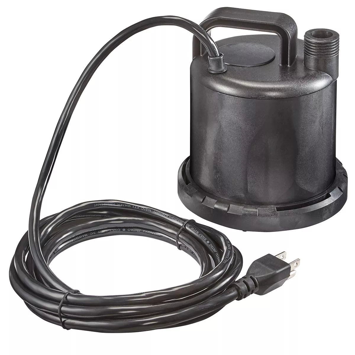 Utility pump with power cord and plug, dark gray housing and top handle