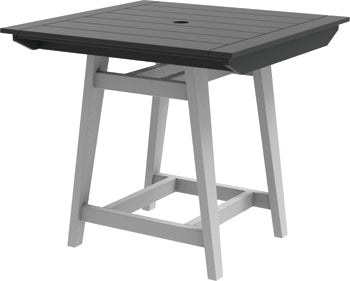 40" square balcony table with dark slatted top and light gray X-brace legs