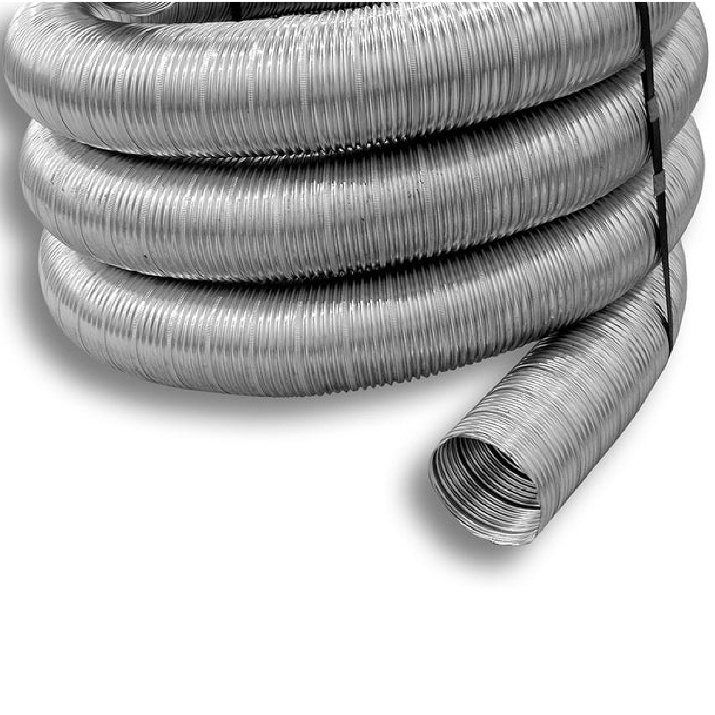Stacked stainless flexible vent liner coils with ribbed metal texture and extended end