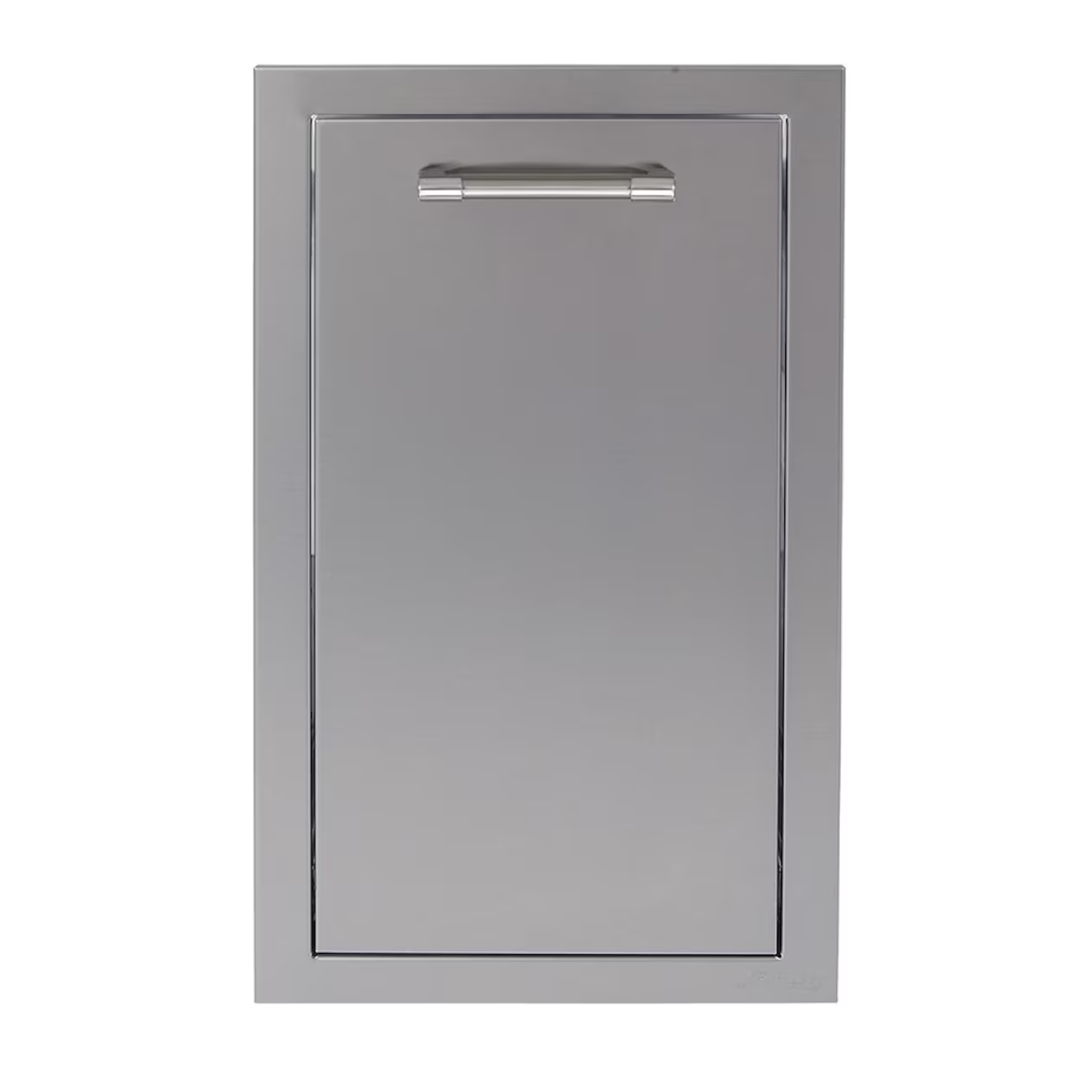 Gray pull-out trash center drawer with chrome bar handle