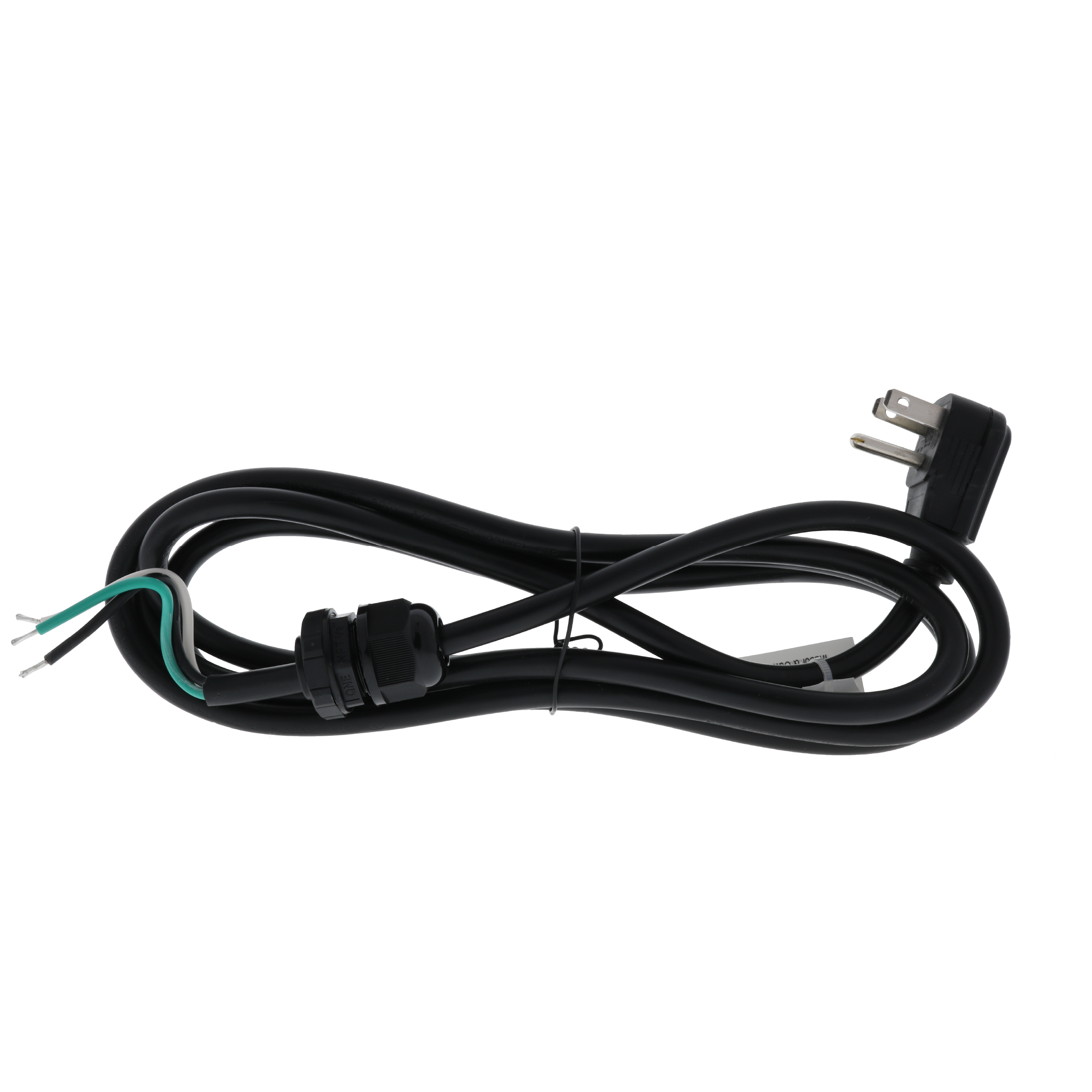 Power cord pigtail with 2-prong plug, black cable and exposed wire leads
