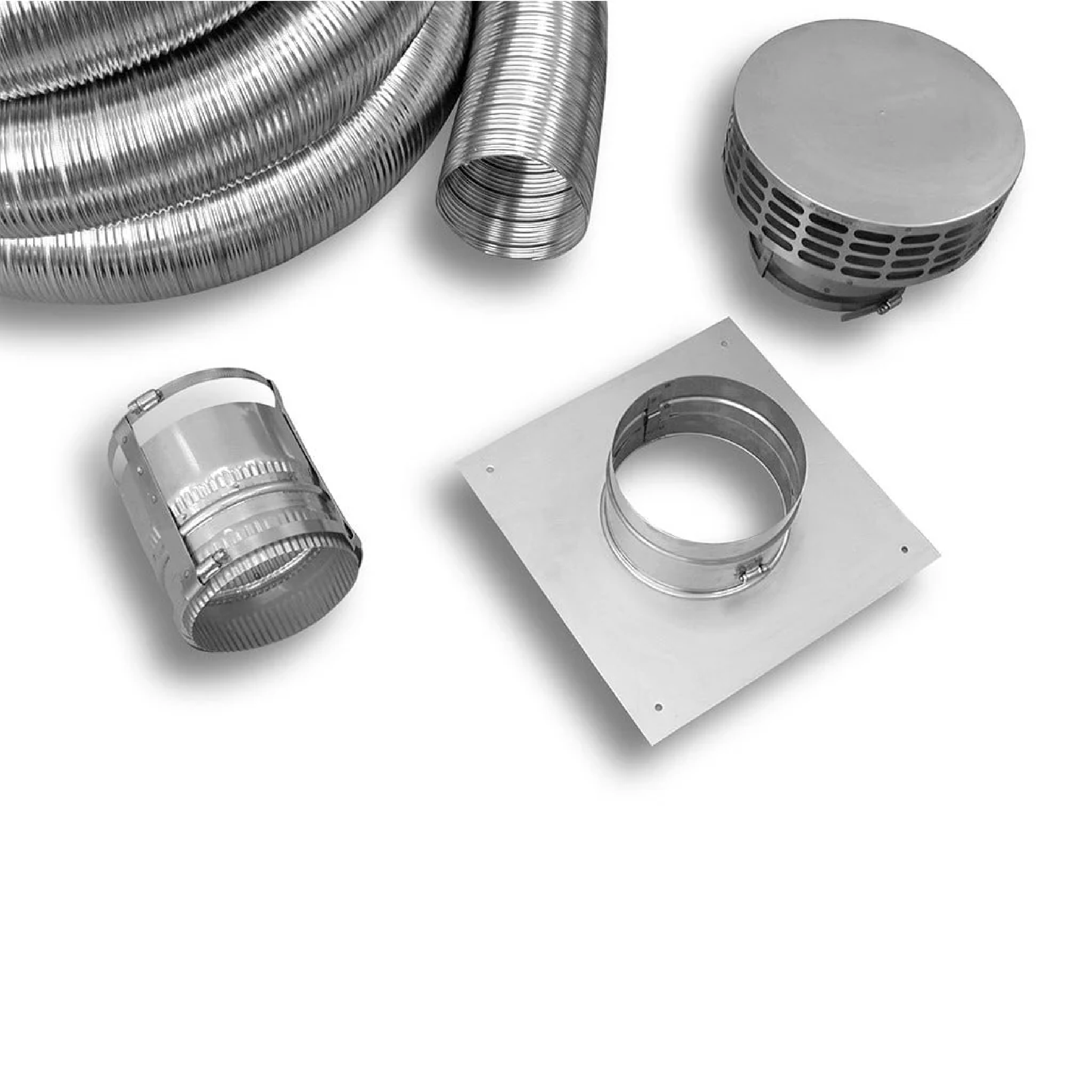 Stainless vent liner connector pieces with flexible couplers and circular mounting plate