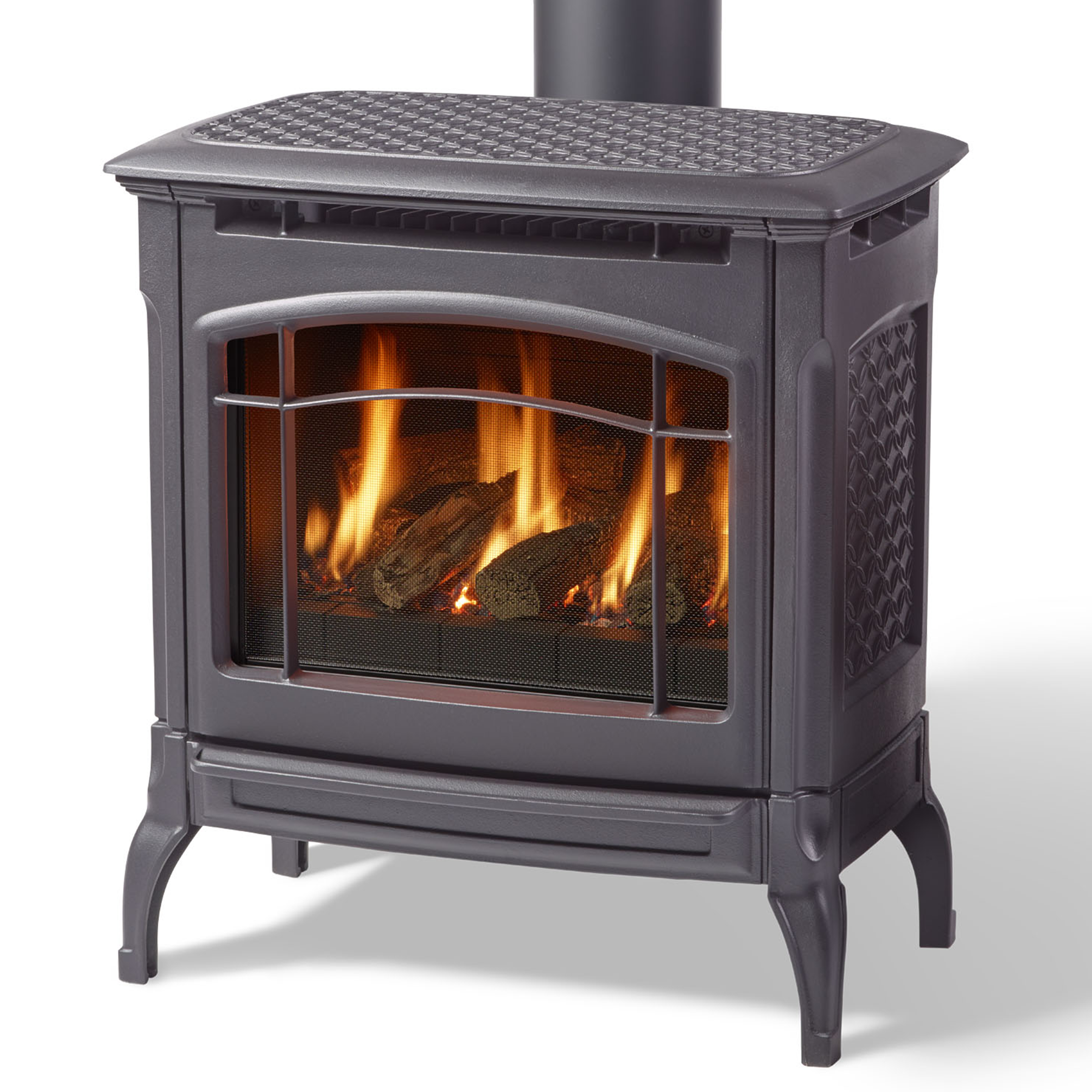 Gas stove with glass front, dark gray matte finish, visible flames over log grate