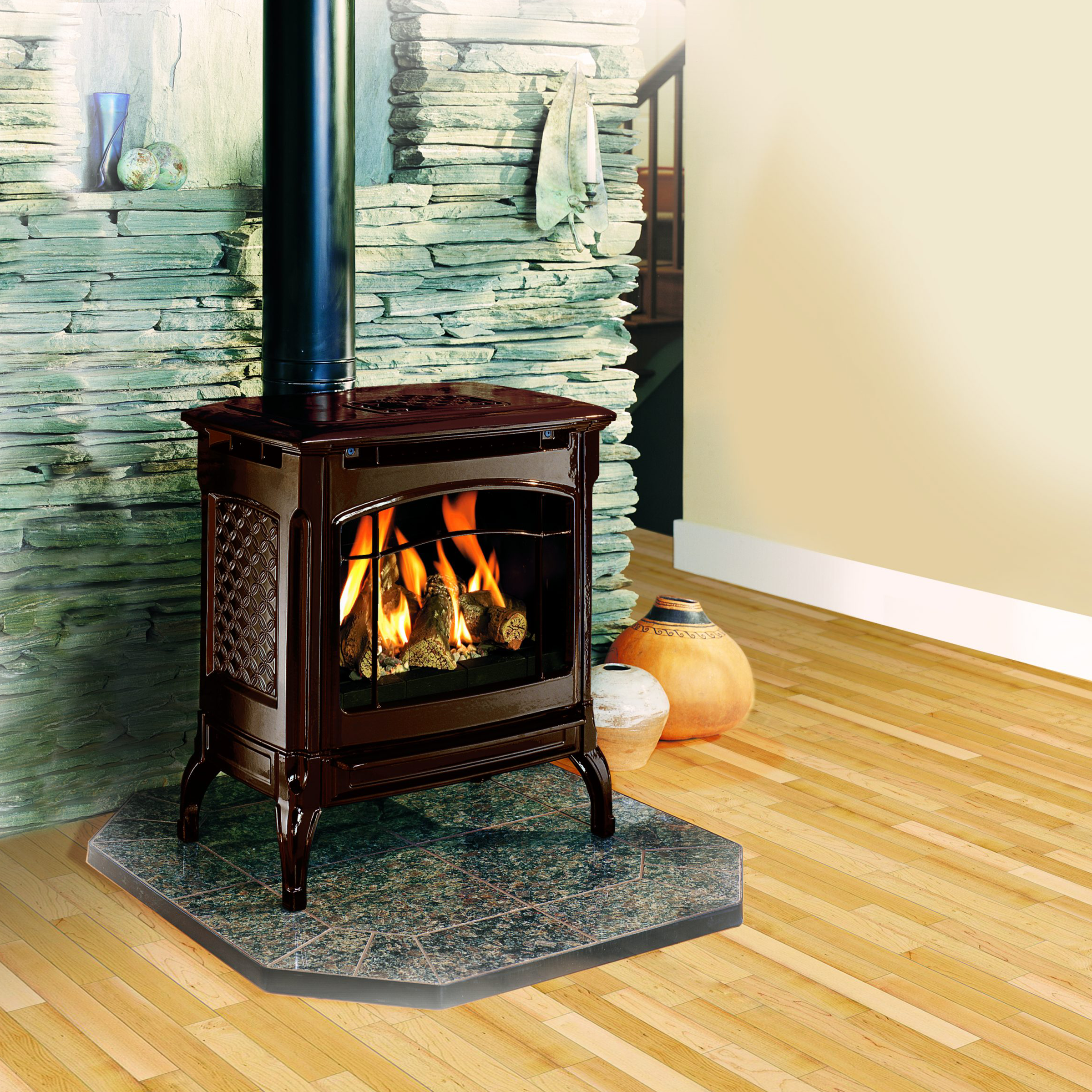 Gas stove with glass firebox, dark brown enamel finish, burning logs and curved legs