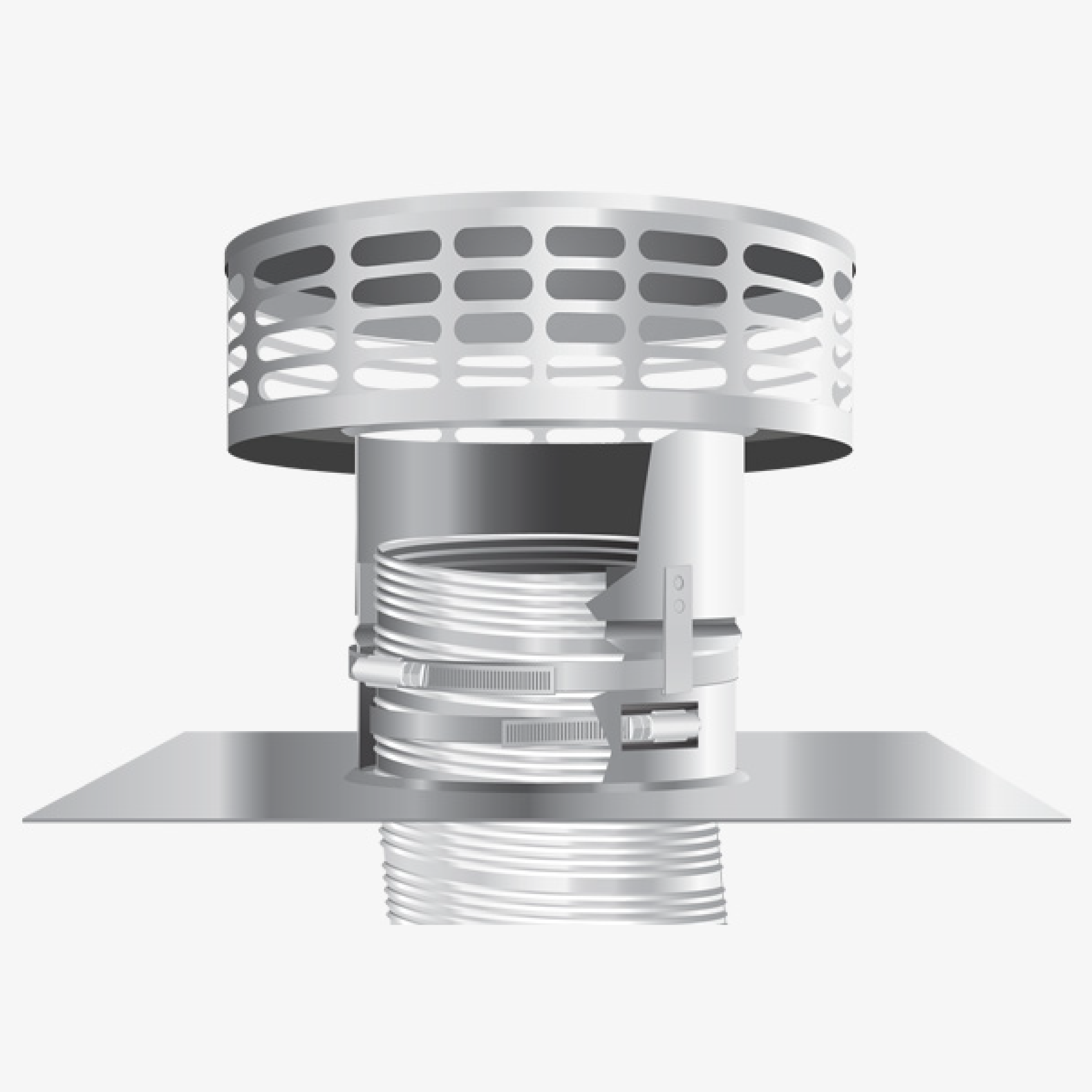 Stainless low-profile flex rain cap with flexible liner connection shown in cutaway