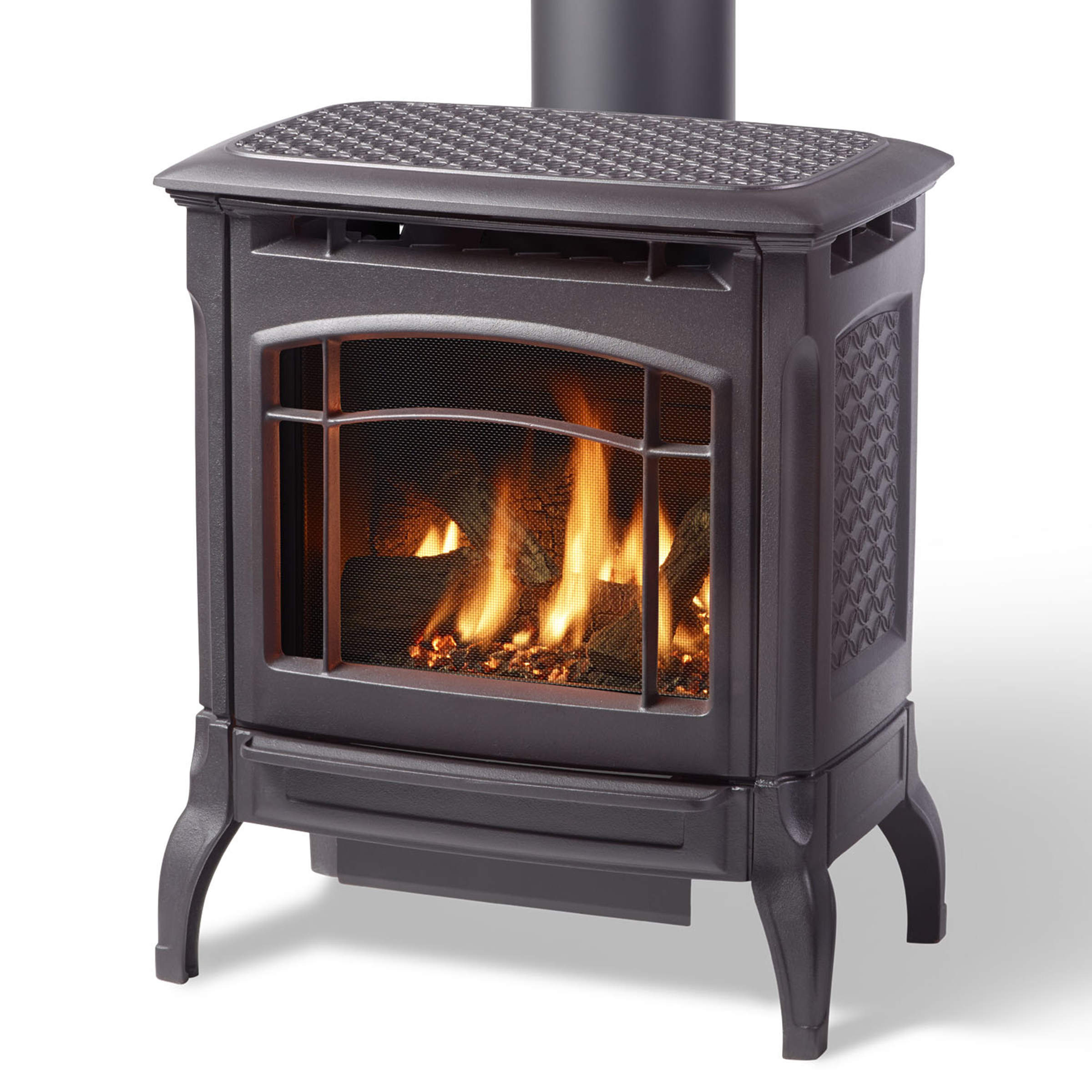 Gas stove with glass front, dark matte finish, mesh firebox and arched guard frame