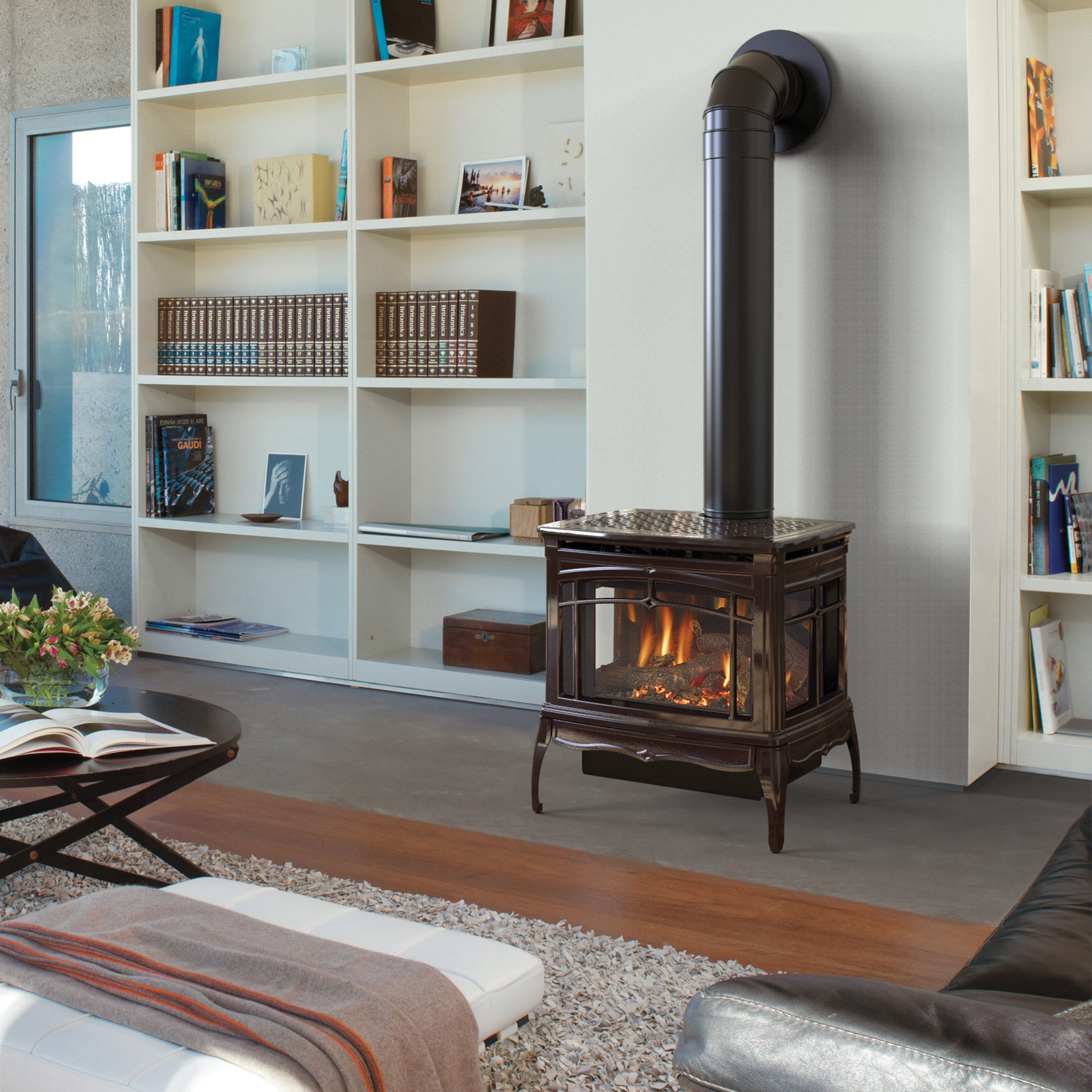 Gas stove with glass doors, dark brown enamel finish, flames inside firebox and tall flue