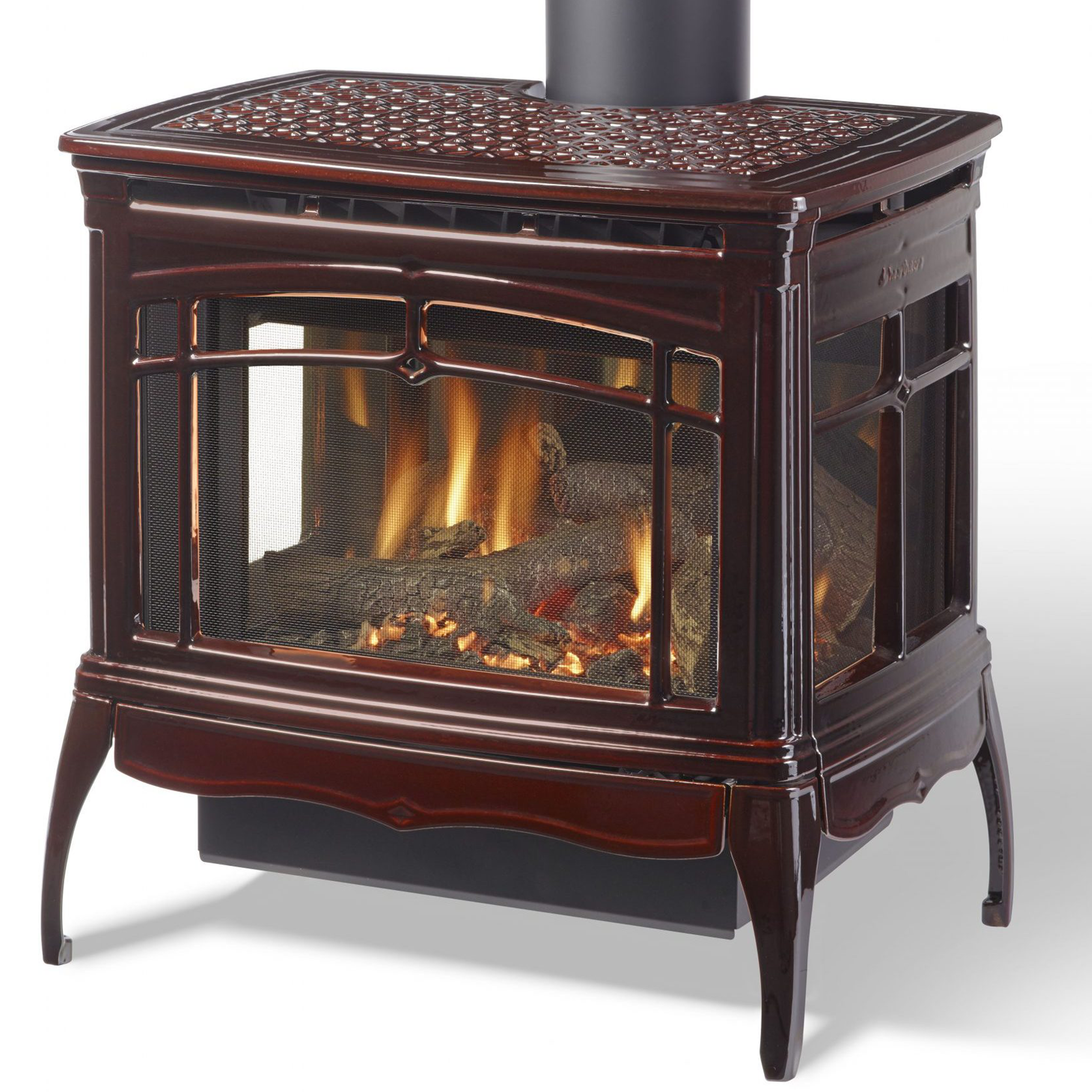 Gas stove with glass doors, brown enamel finish, arched log grate and pedestal legs